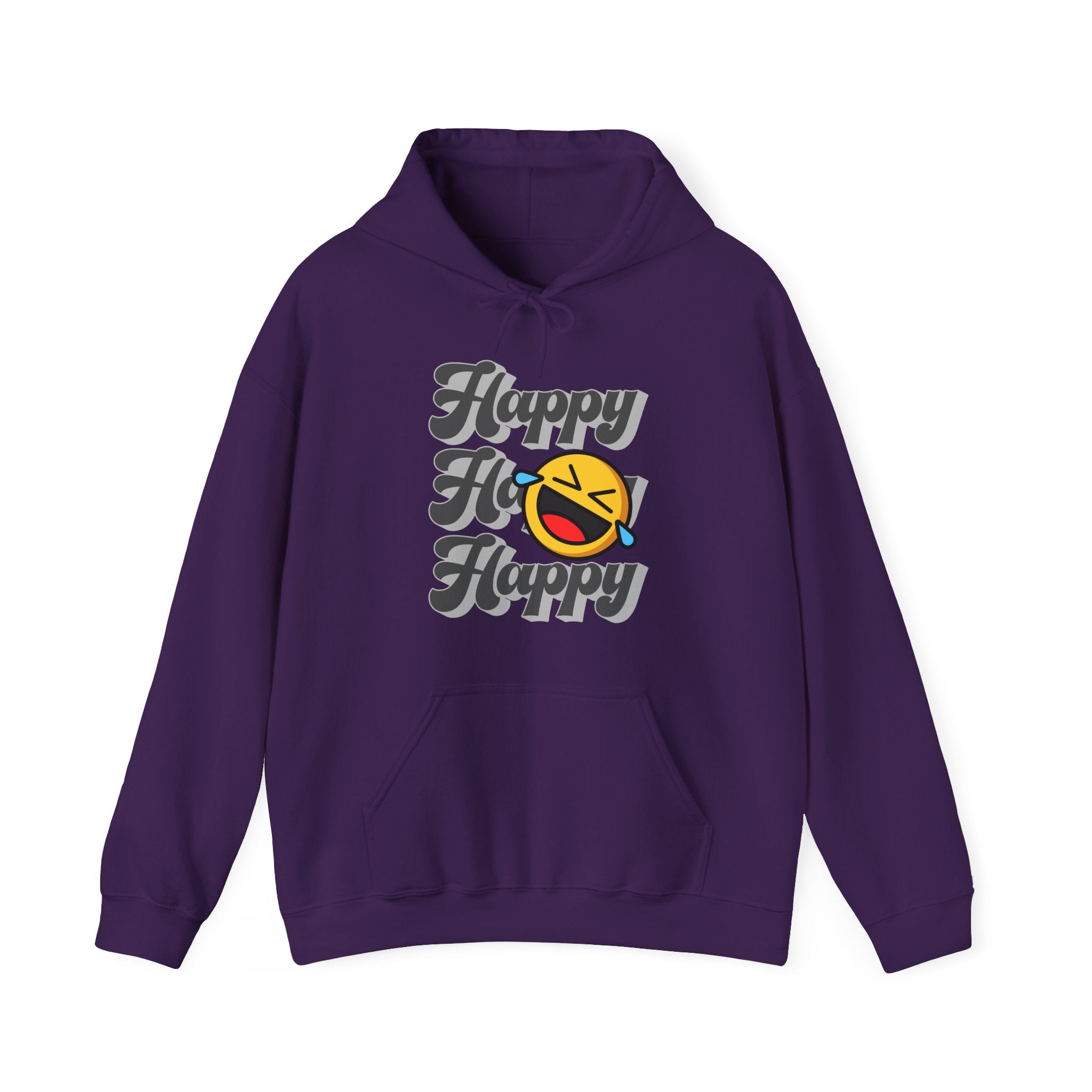Purple hoodie with 'Happy Ho Ho Happy' text and graphic on a white background