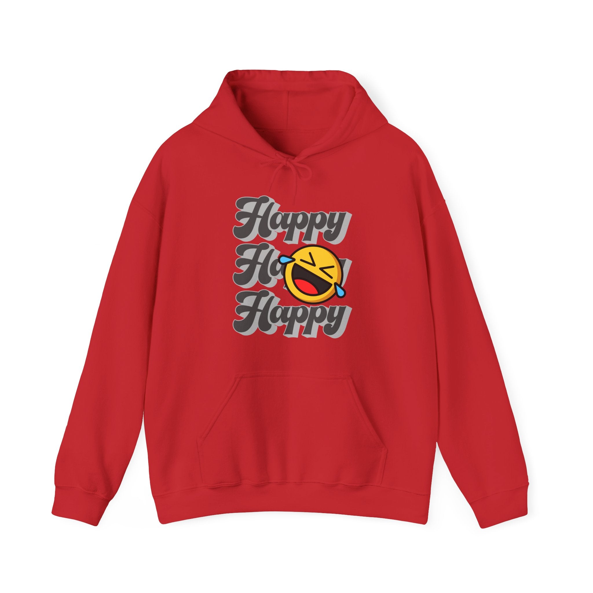 Red hoodie with 'Happy Ho Ho Happy' text design on a white background