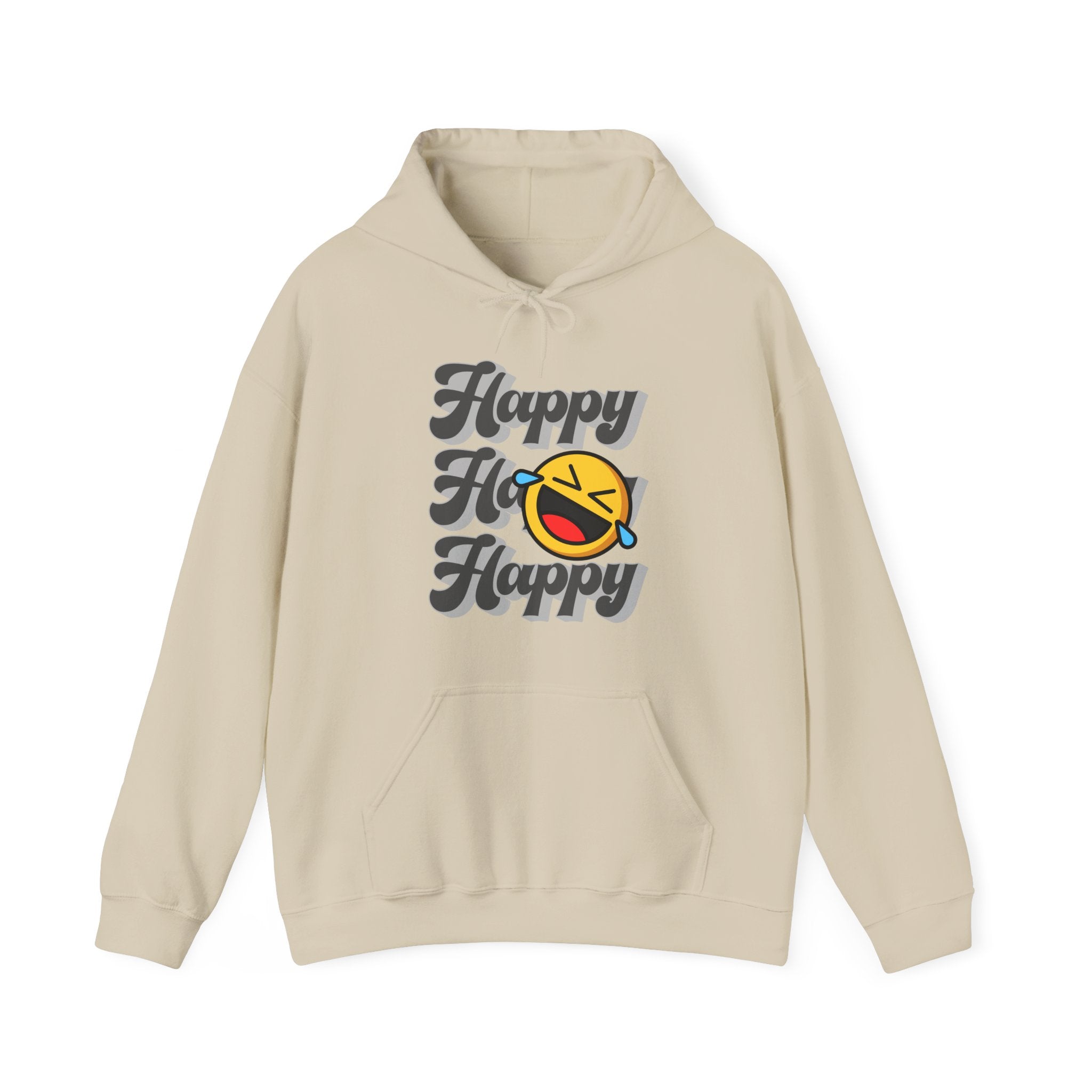 Beige hoodie with 'Happy Ho Happy' text and emoji design on a white background