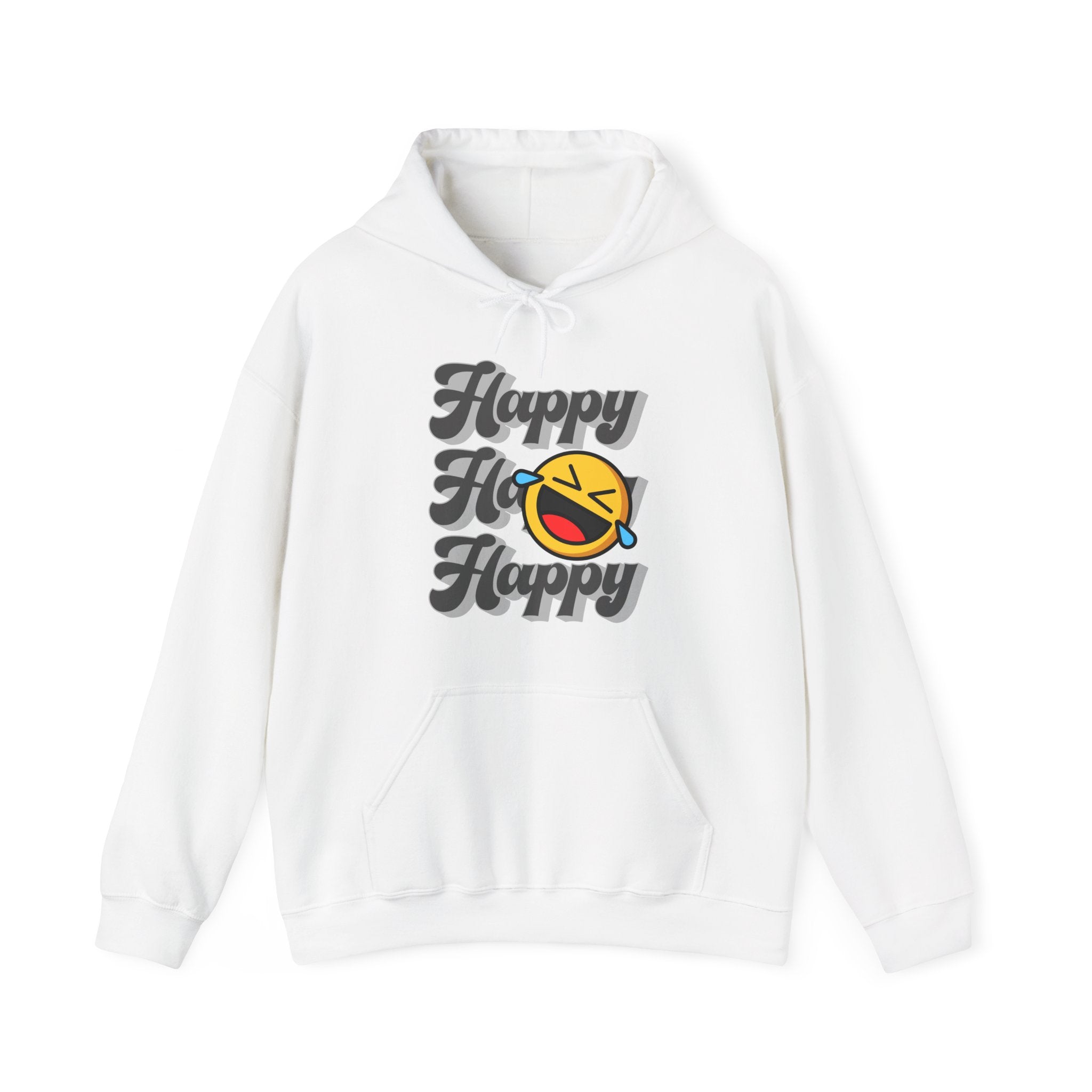 White hoodie with 'Happy Ho Happy' text and smiley face design on a white background