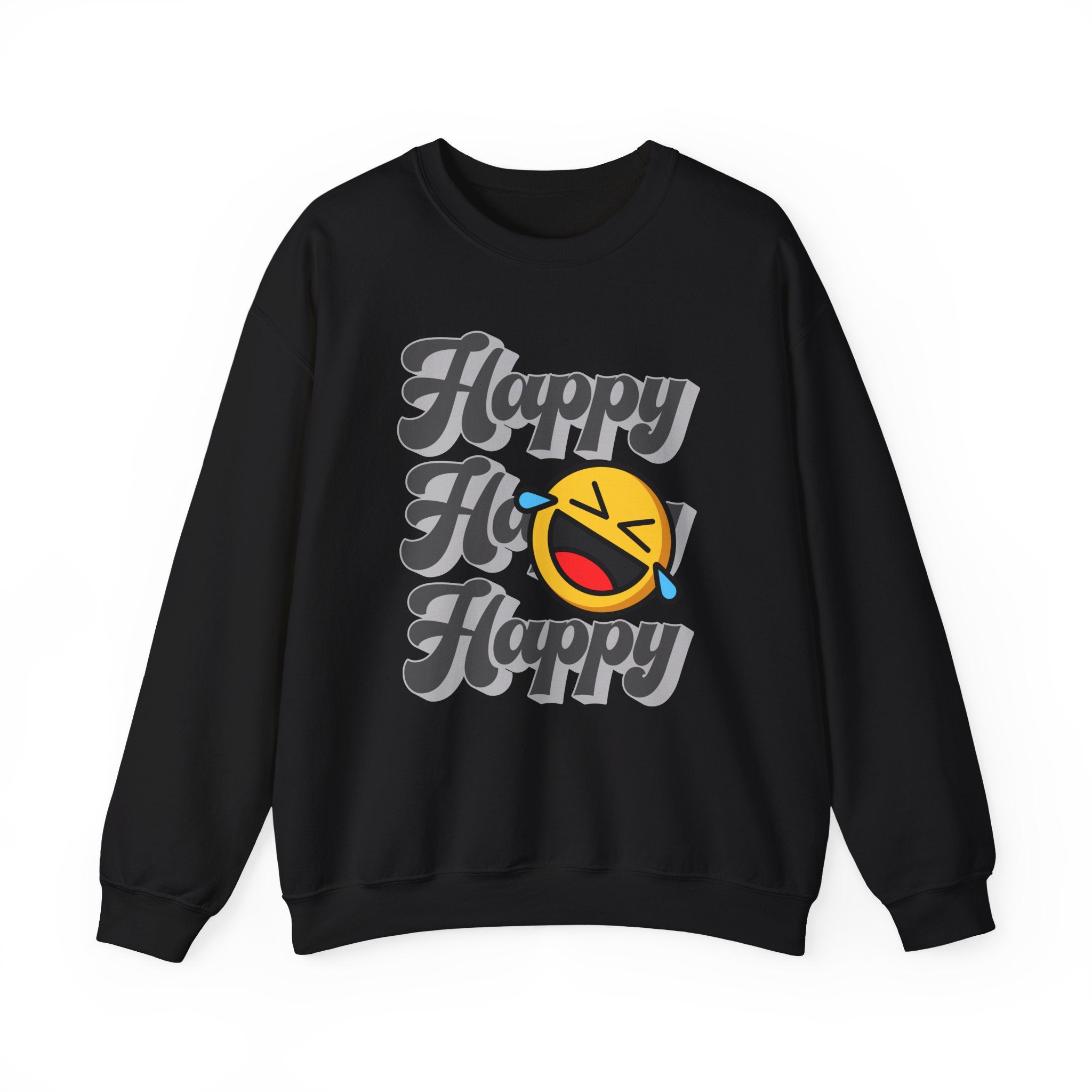 Black sweatshirt with 'Happy Ho Happy' text and smiley face design on a white background