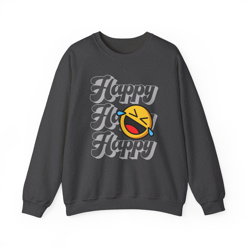 Gray sweatshirt with 'Happy Ho Happy' text and smiley face design on a white background