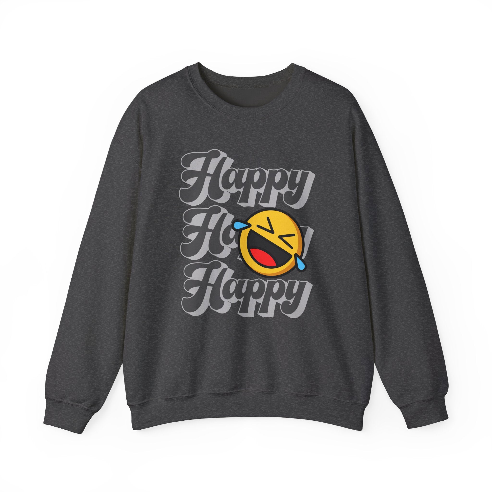Gray sweatshirt with 'Happy Ho Happy' text and smiley face design on a white background