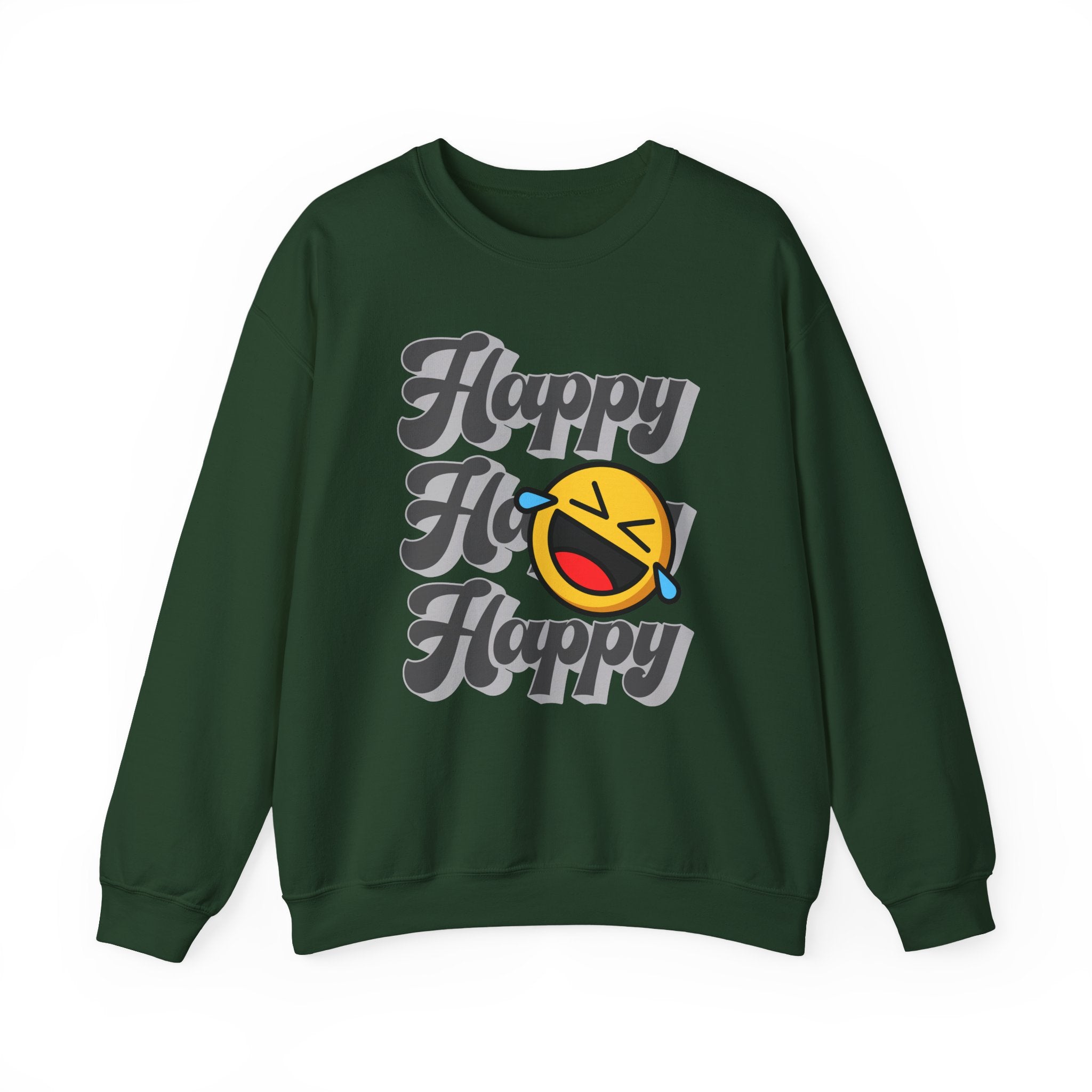 Forest green sweatshirt with 'Happy Ho Happy' text and smiley face design on a white background