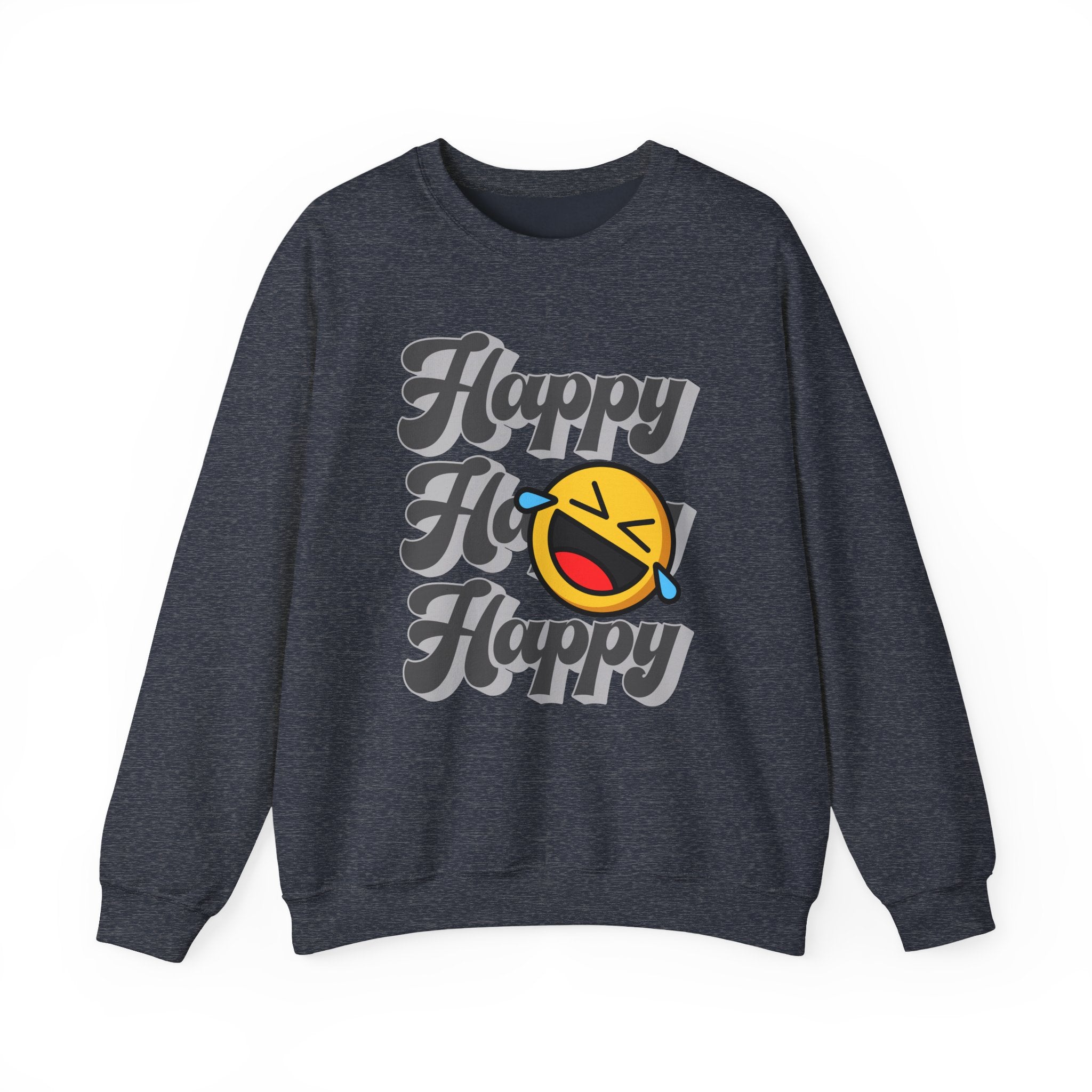 Gray sweatshirt with 'Happy Ho Happy' text and smiley face design on a white background