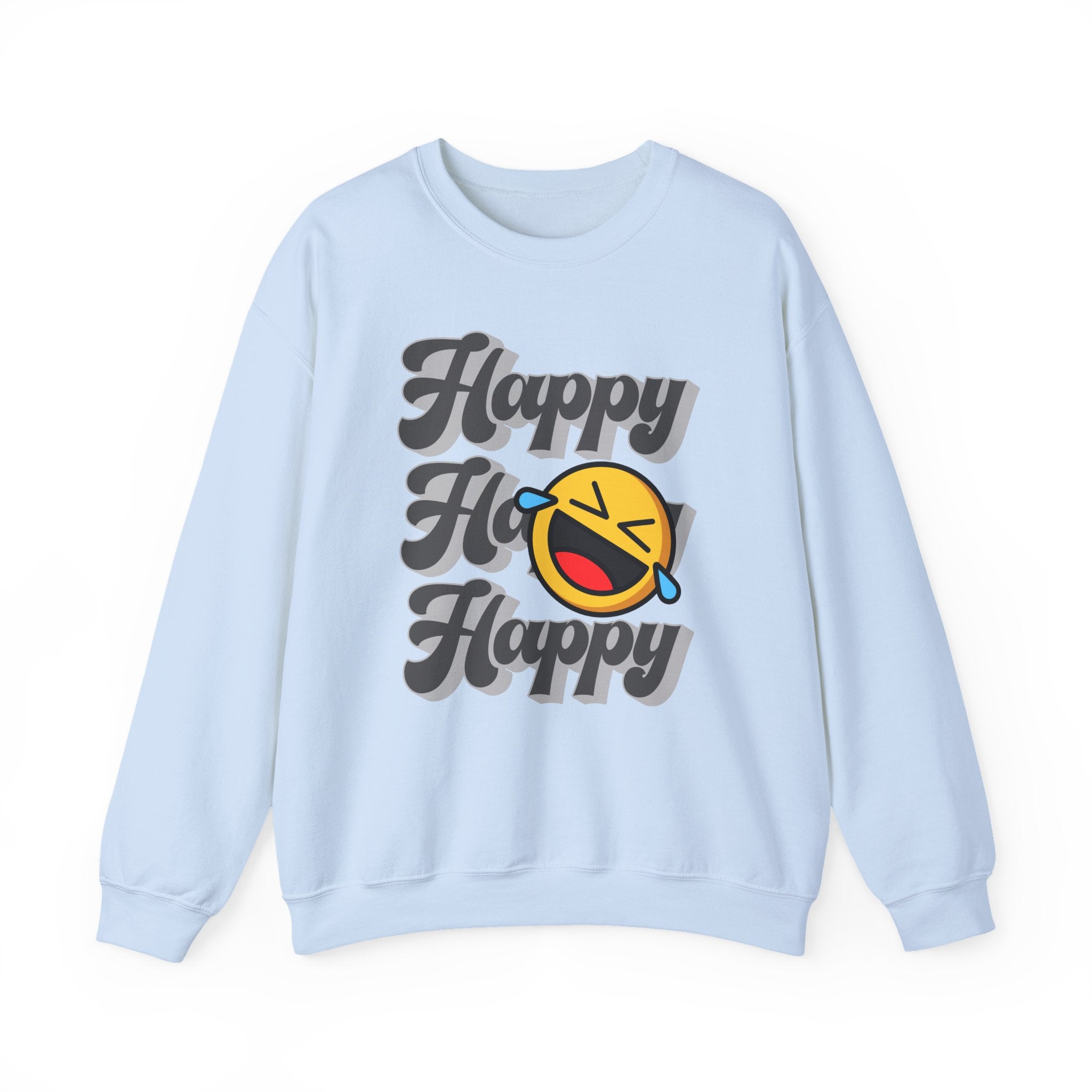 Light blue sweatshirt with 'Happy Ho Happy' text and emoji on a white background