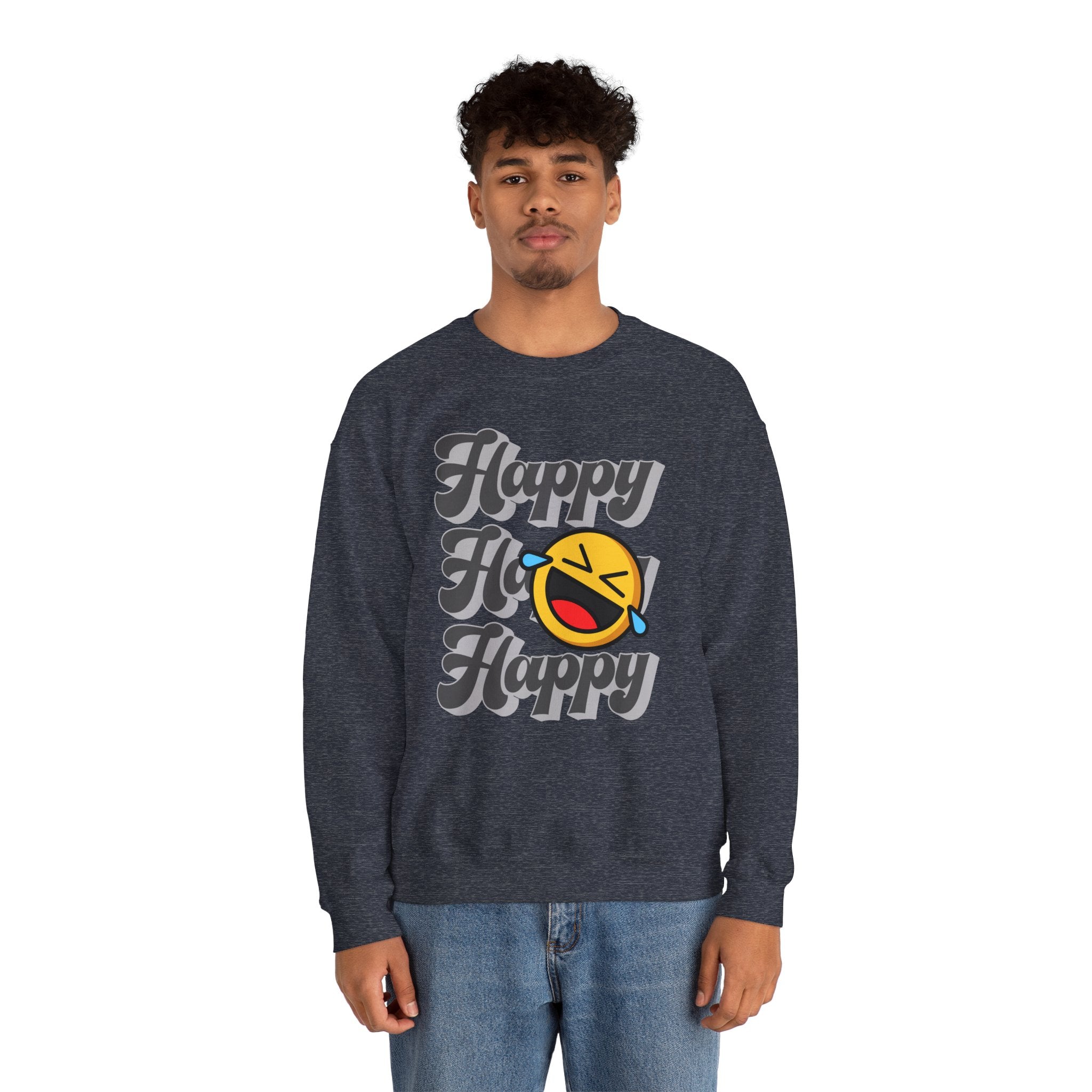 Person wearing a dark gray sweatshirt with 'Happy Happy Happy' text and emoji design on a white background