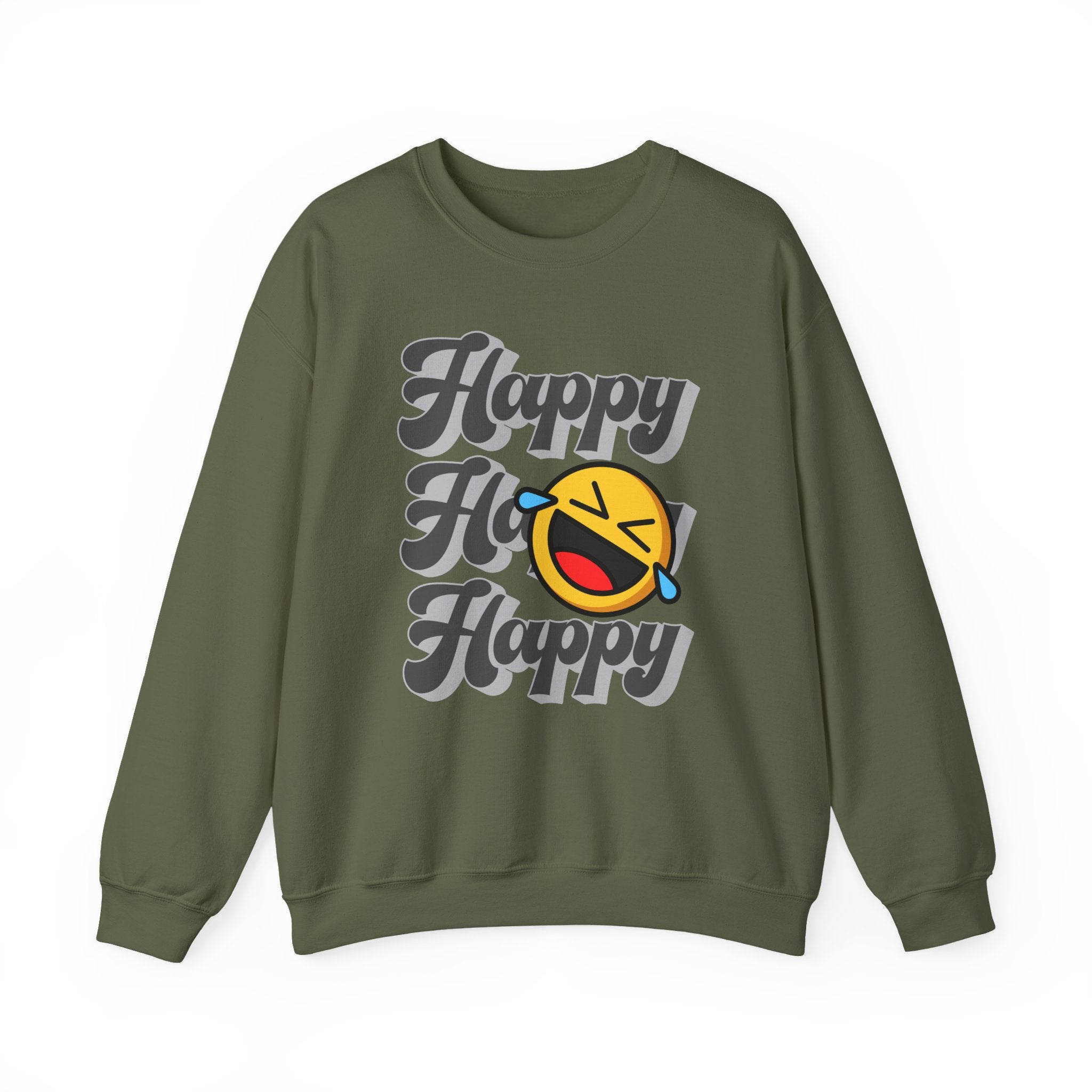 Military green sweatshirt with 'Happy' text and emoji on a white background