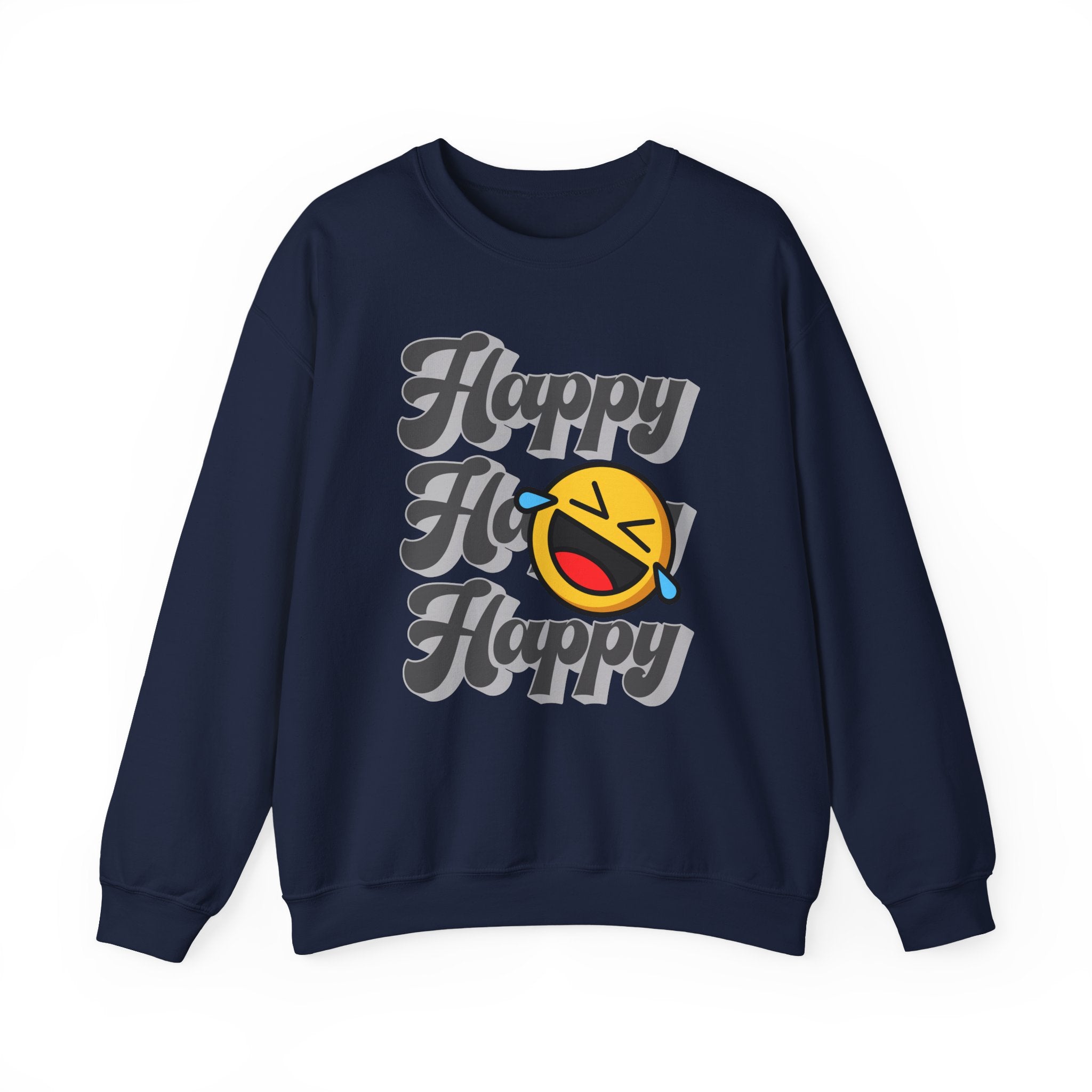 Navy blue sweatshirt with 'Happy' text and smiley face design on a white background