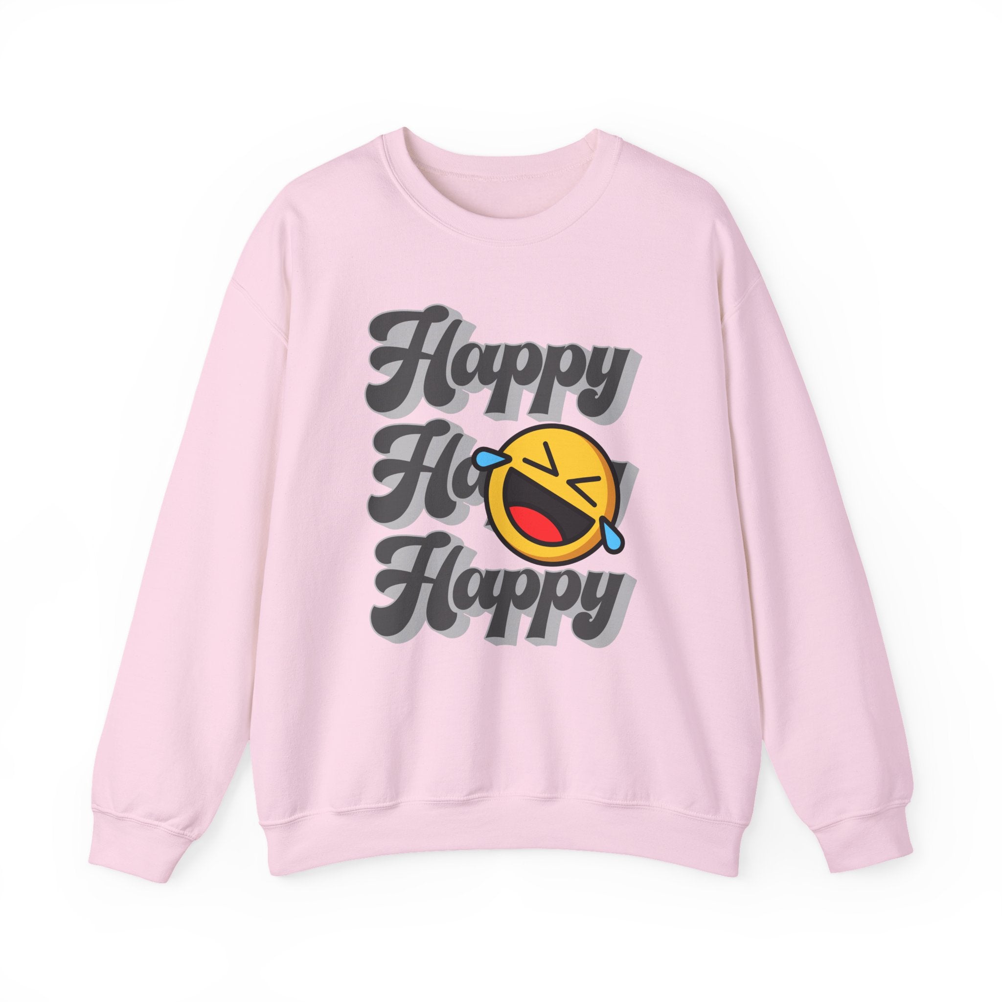Pink sweatshirt with 'Happy Ho Happy' text and emoji on a white background