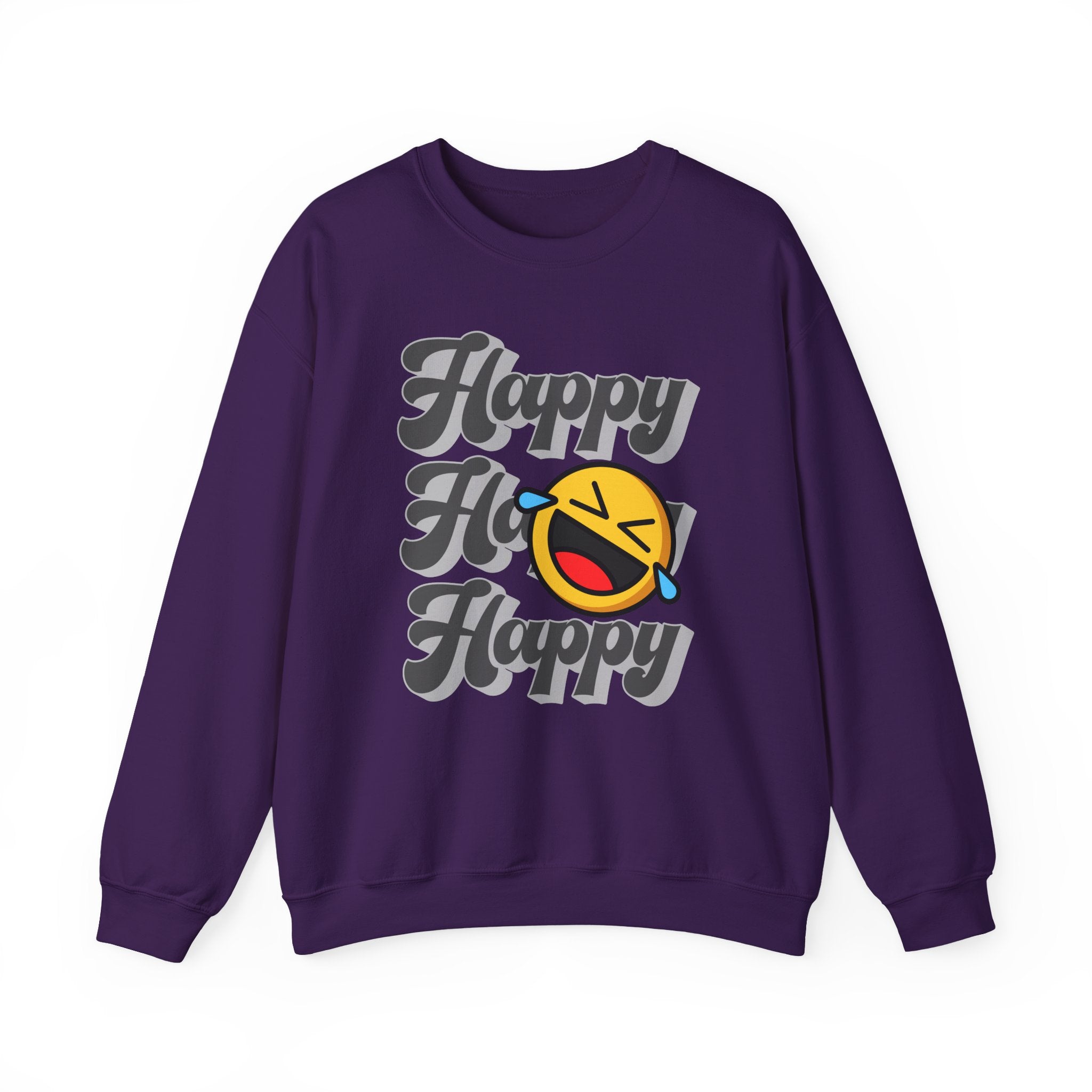Purple sweatshirt with a smiley face and 'Happy' text on a white background