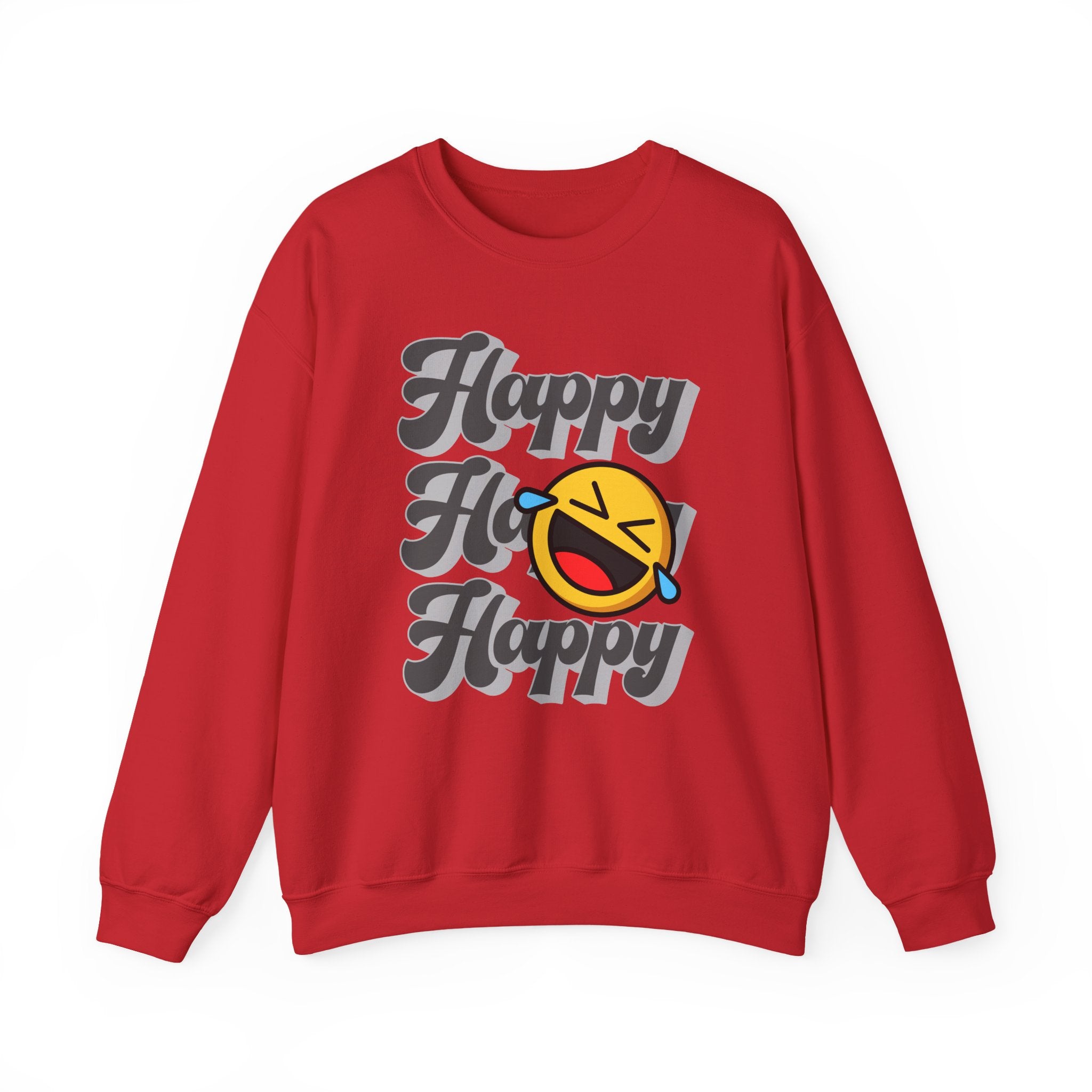 Red sweatshirt with 'Happy Ho Happy' text and emoji on a white background