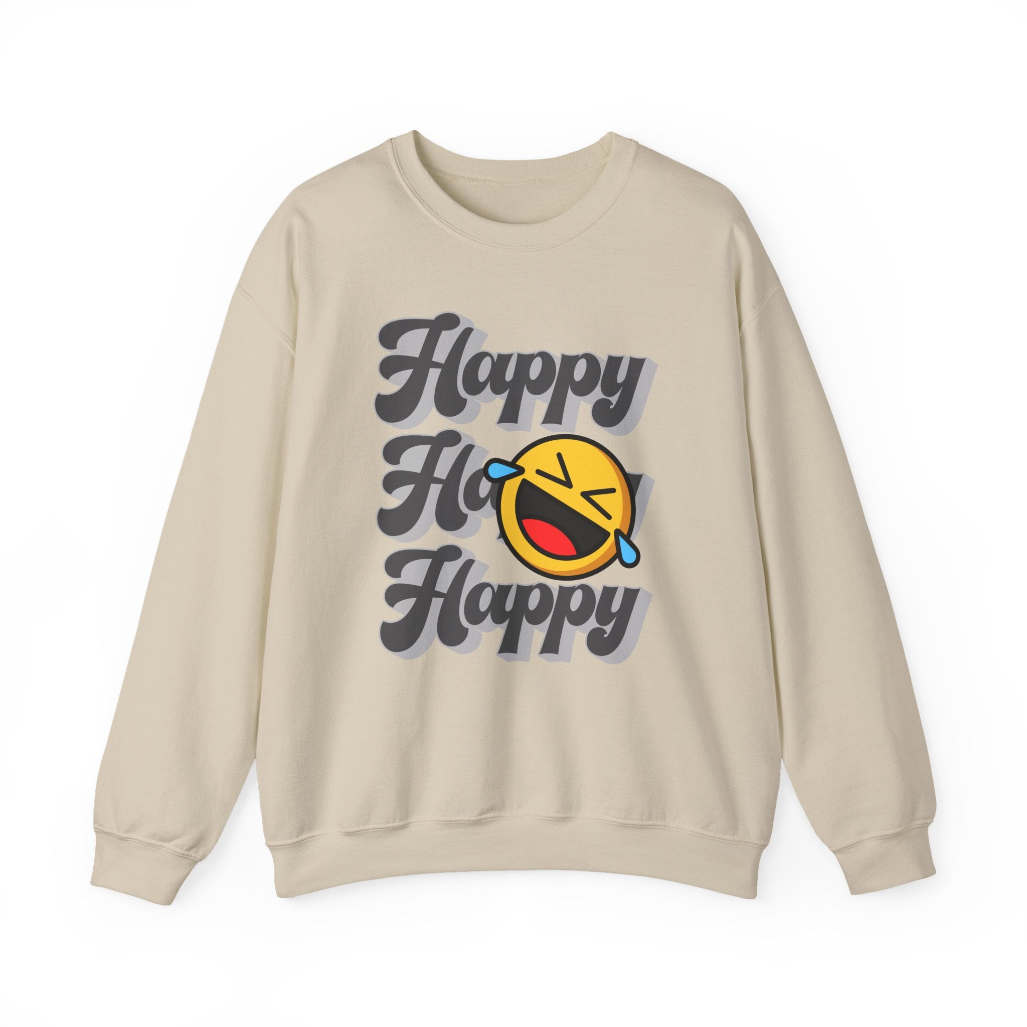 Beige sweatshirt with 'Happy Ho Happy' text and emoji on a white background