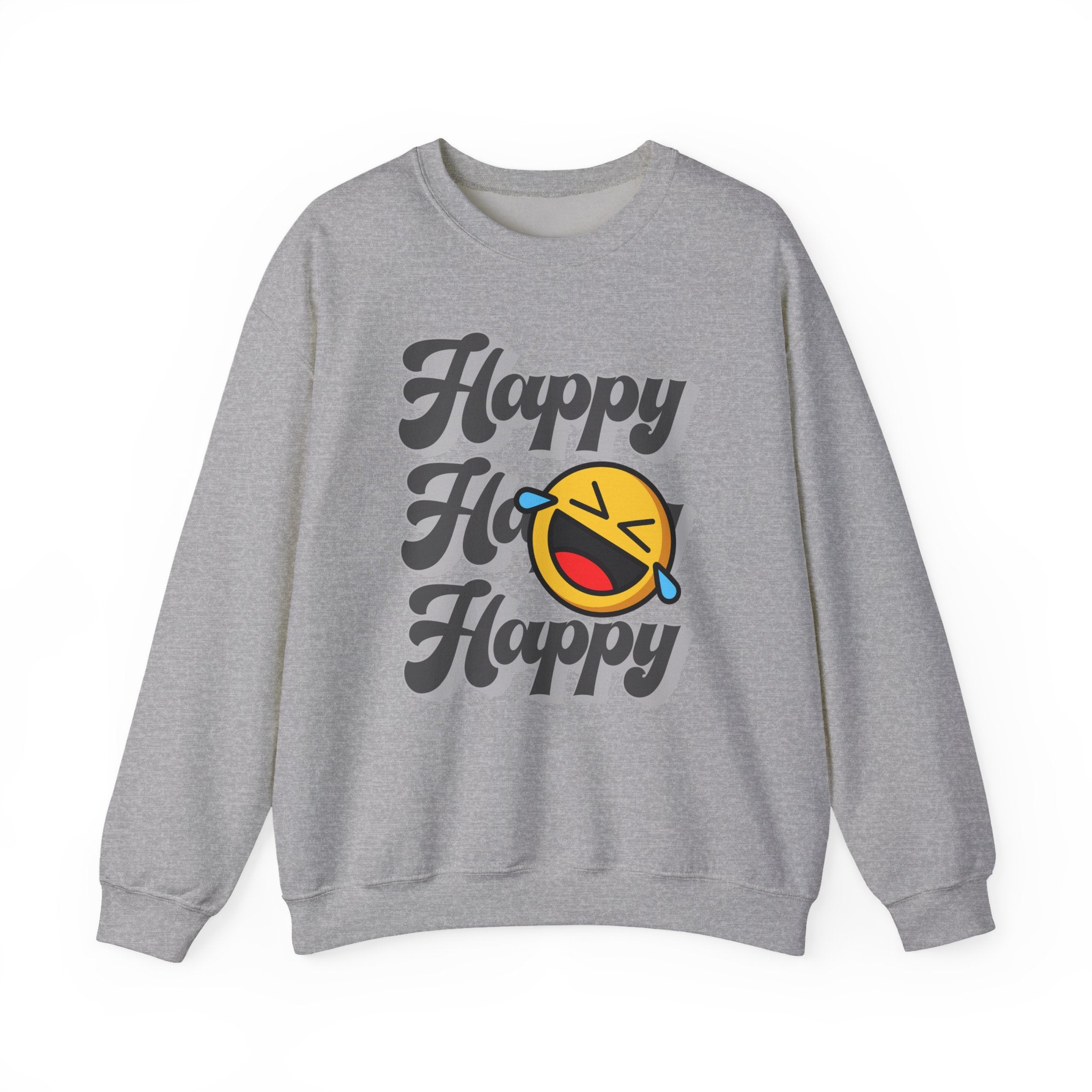 Gray sweatshirt with 'Happy Ho Happy' text and emoji on a white background