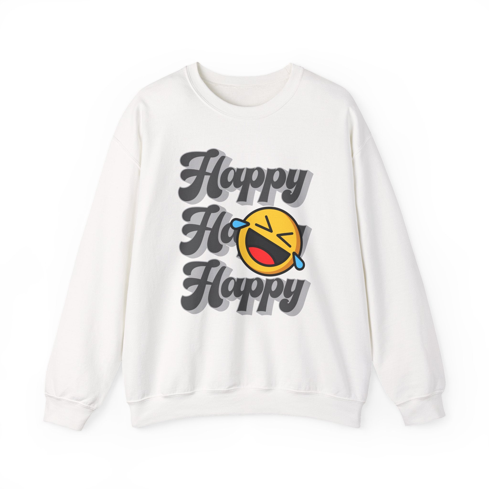 White sweatshirt with 'Happy Ho Happy' text and emoji on a white background