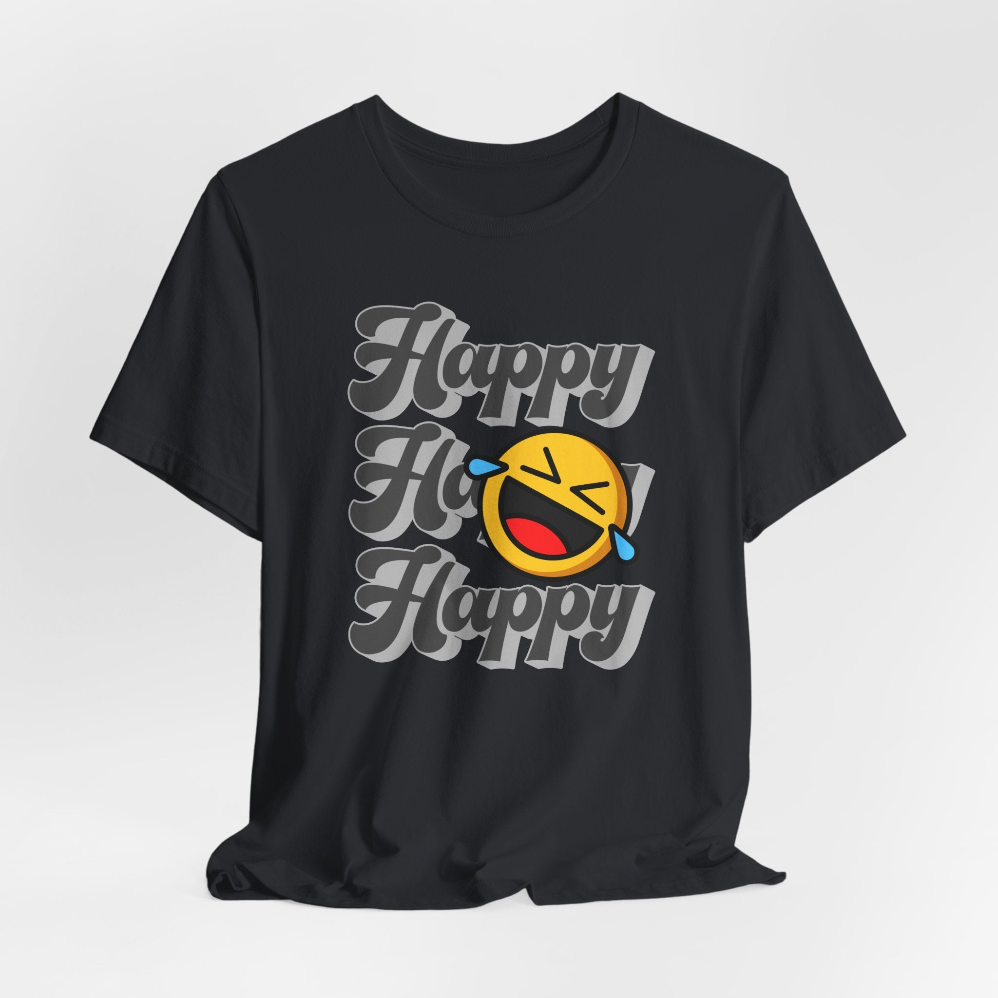 Black t-shirt with 'Happy Ho Happy' text and emoji design on a white background