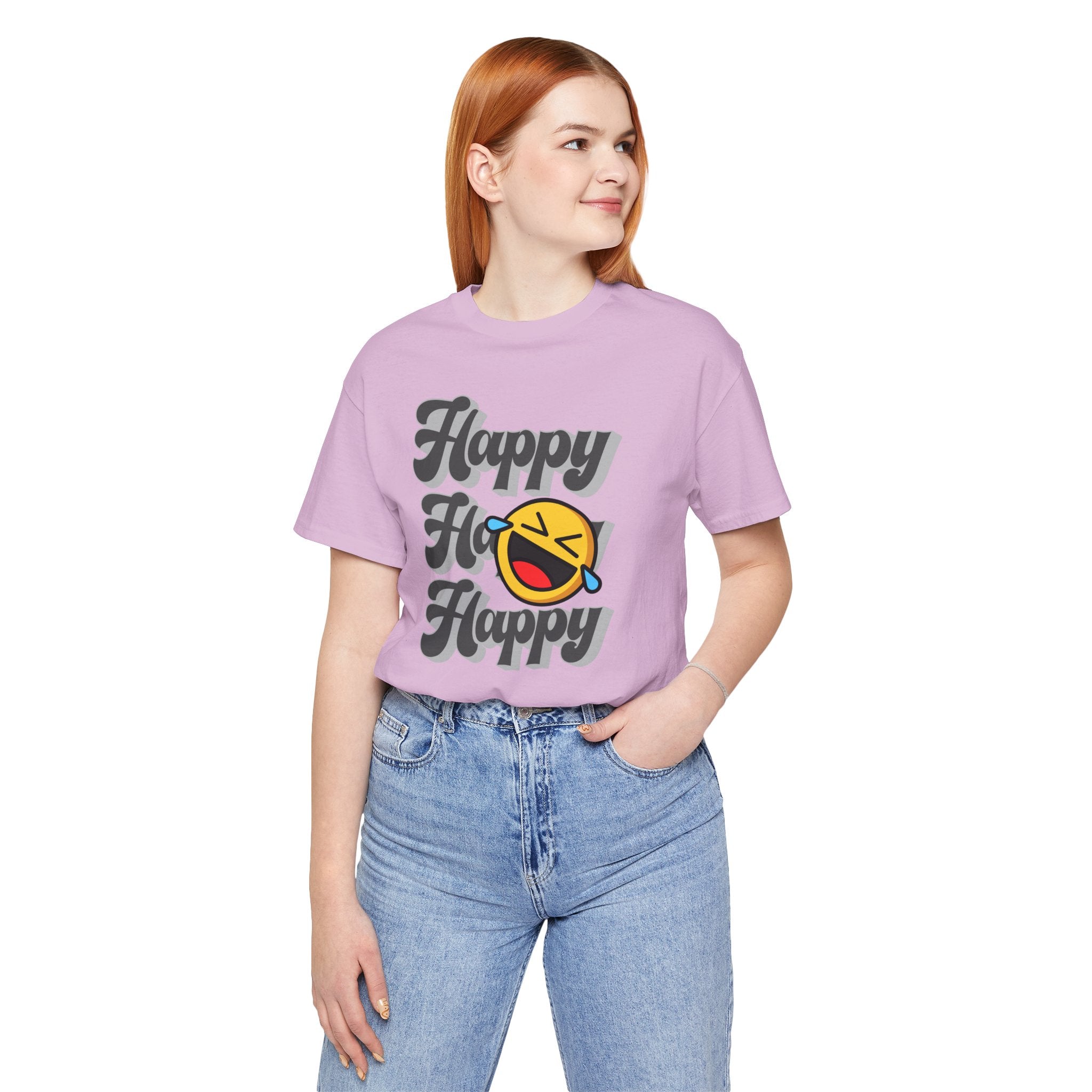 Person wearing a purple t-shirt with 'Happy Ho Happy' text and emoji on a white background