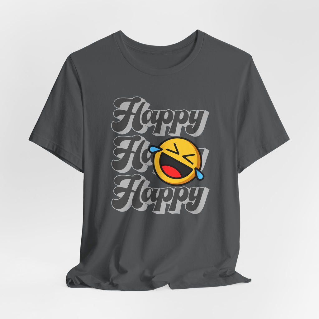 Gray t-shirt with 'Happy Ho Happy' text and emoji on a white background
