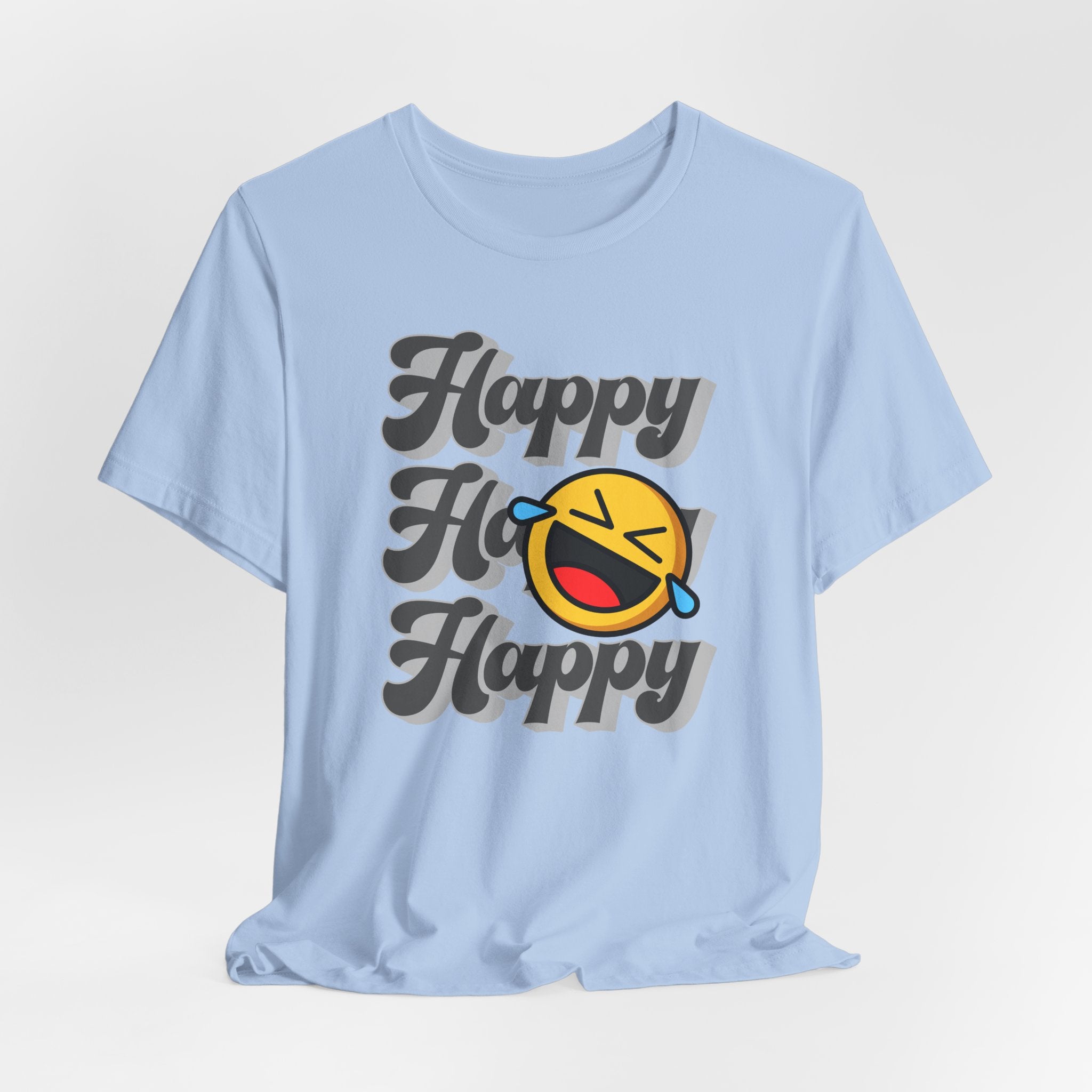 Light blue t-shirt with 'Happy Ho Happy' text and emoji on a light gray background