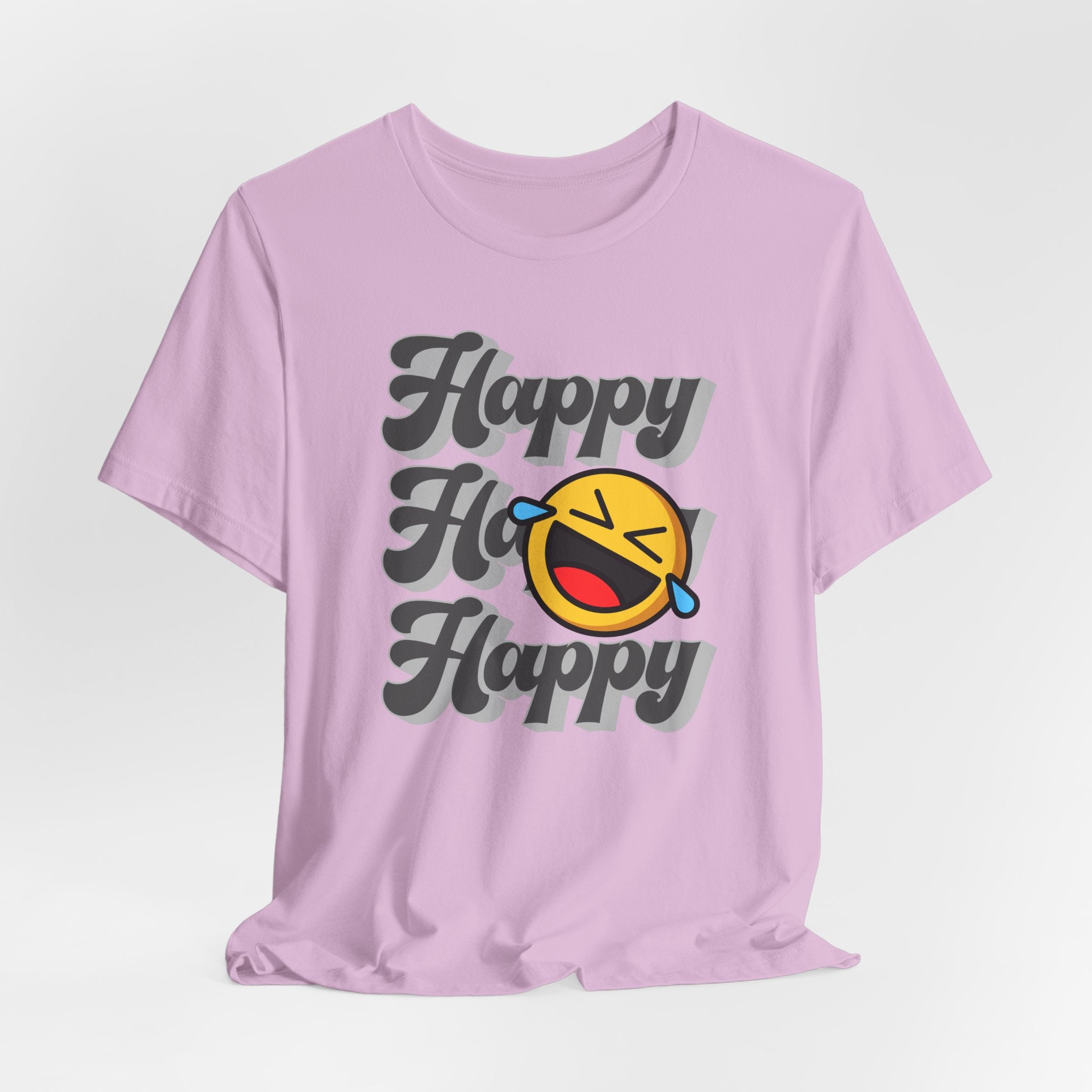 Lavender t-shirt with 'Happy Ho Happy' text and emoji on a light gray background