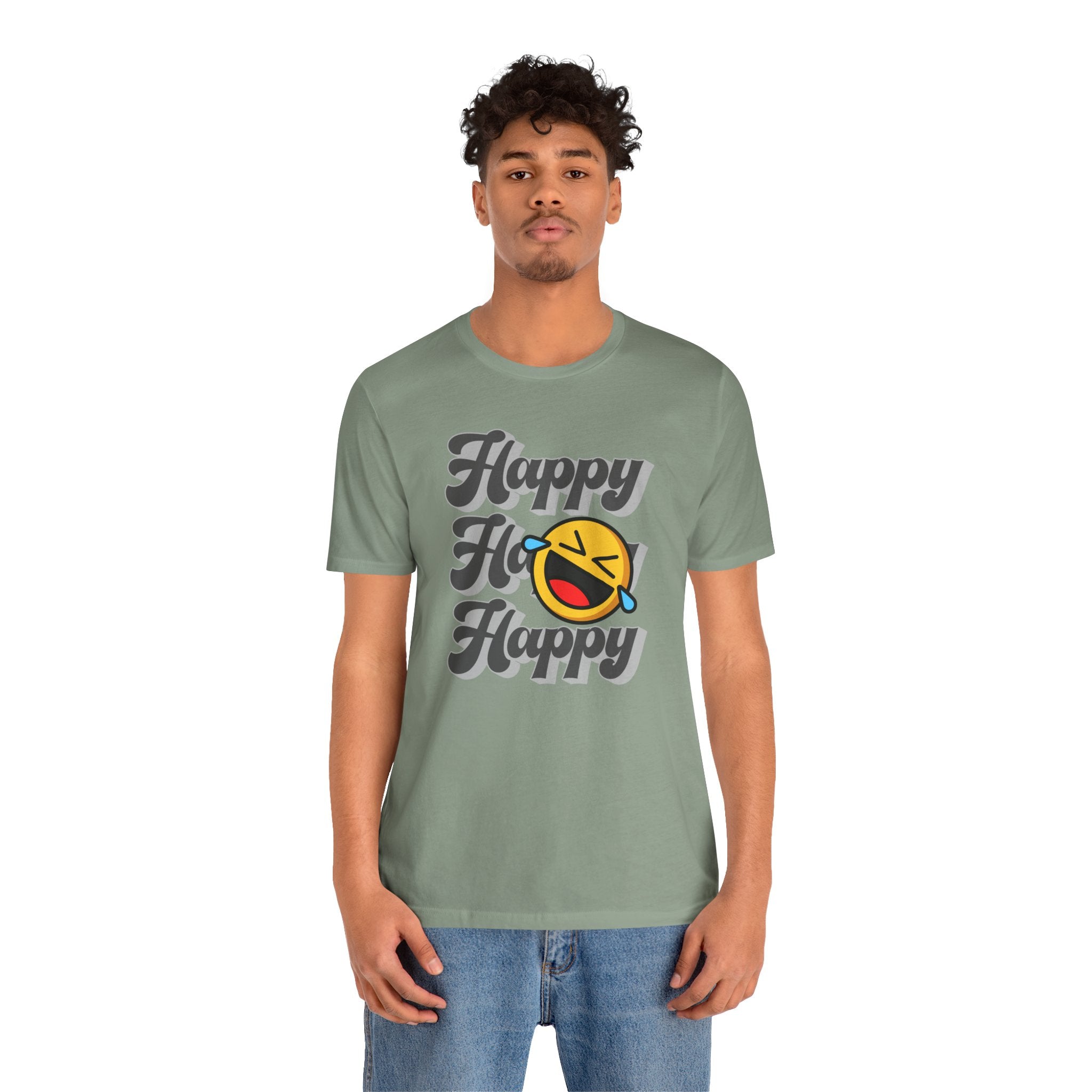 Person wearing a green t-shirt with 'Happy' graphic design on a white background