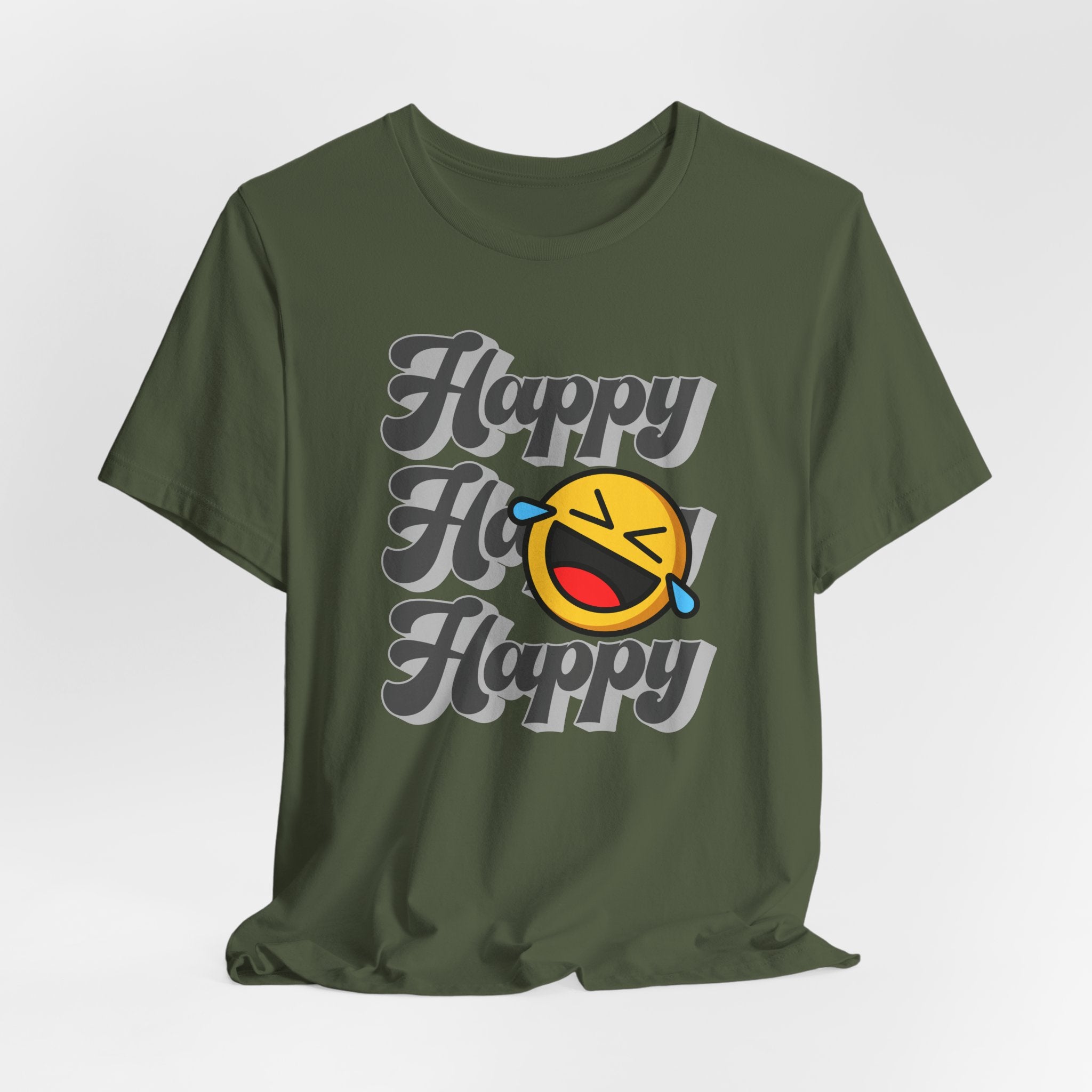 Military green t-shirt with 'Happy Ho Happy' text and emoji on a white background