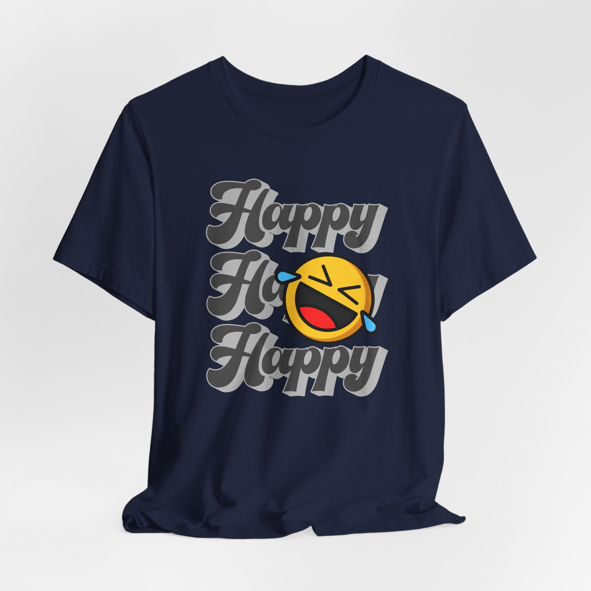 Navy blue t-shirt with 'Happy Ho Happy' text and emoji on a light gray background