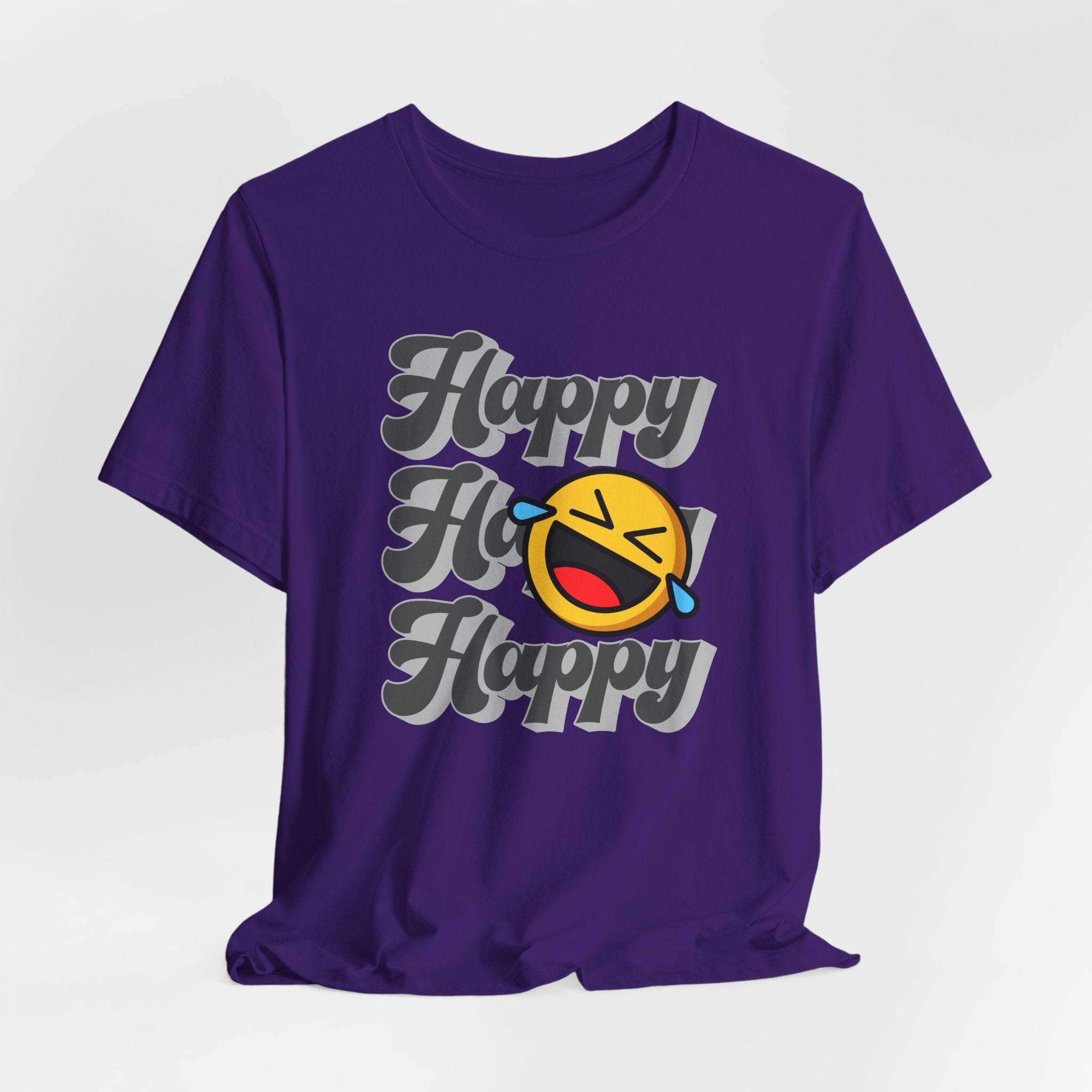 Purple t-shirt with 'Happy Ho Happy' text and emoji on a white background