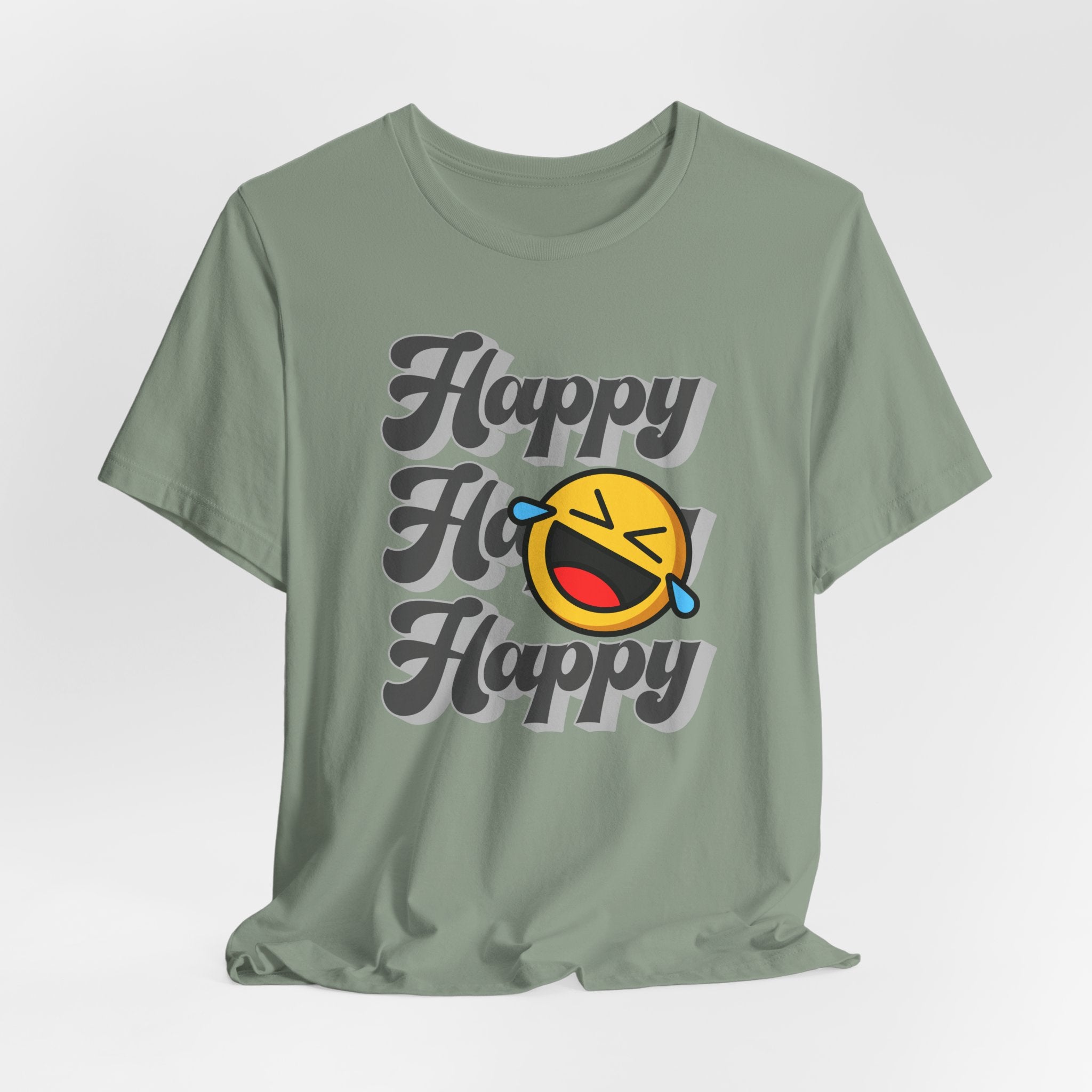 Green t-shirt with 'Happy Ho Happy' text and emoji on a light gray background