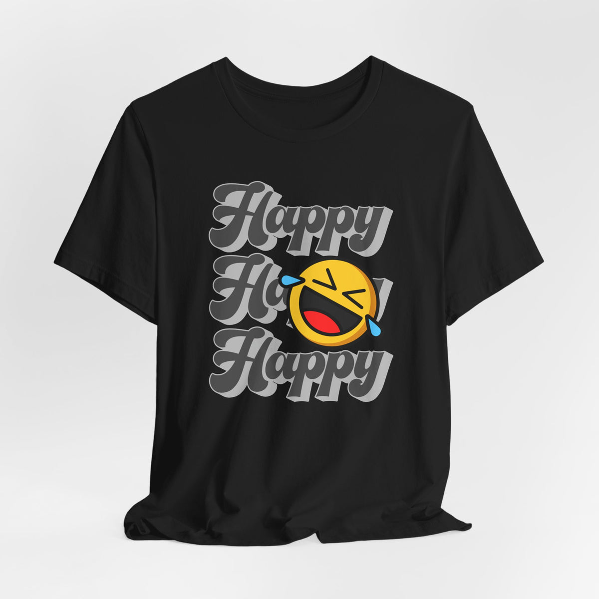 Black t-shirt with 'Happy Ho Happy' text and emoji on a white background