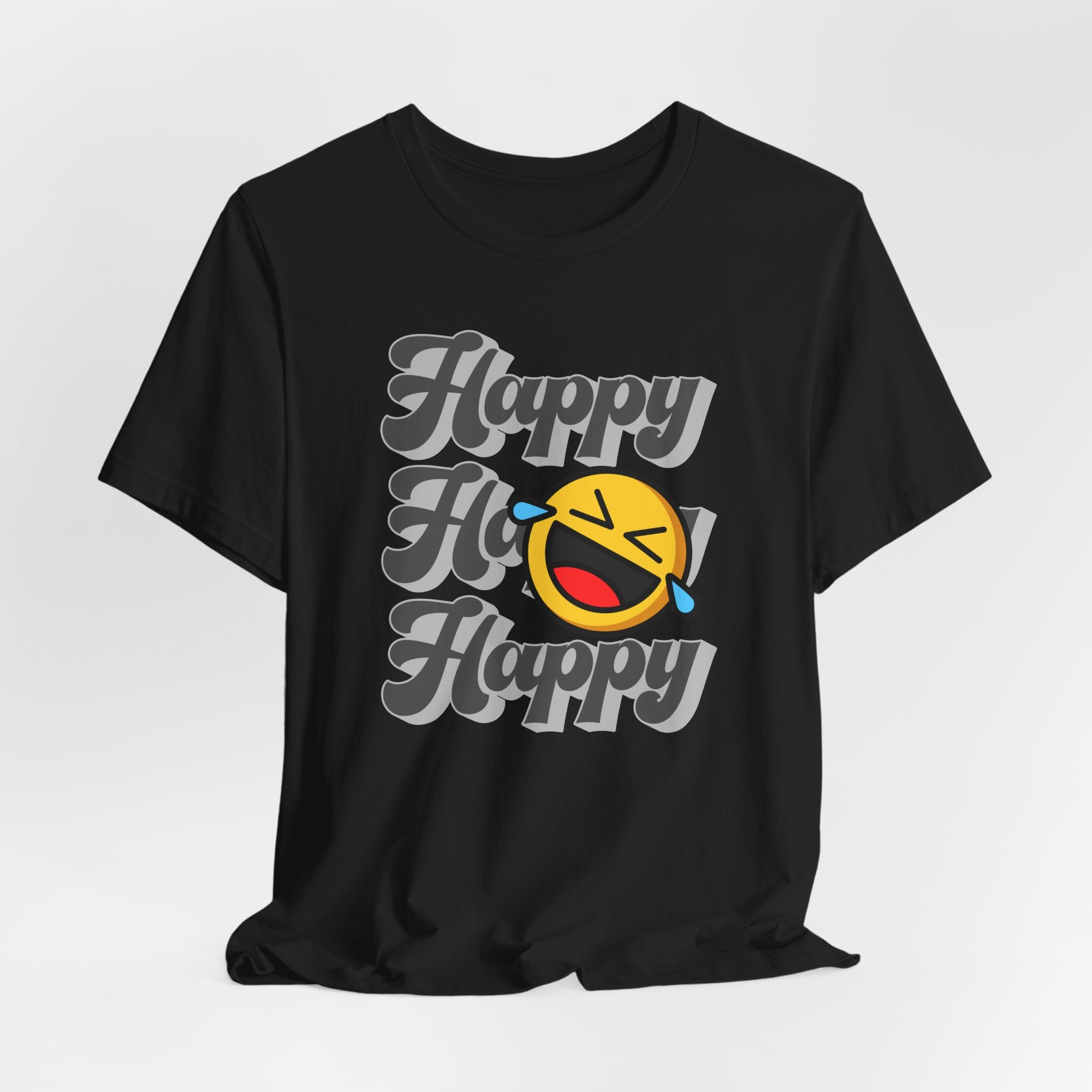 Black t-shirt with 'Happy Ho Happy' text and emoji on a white background