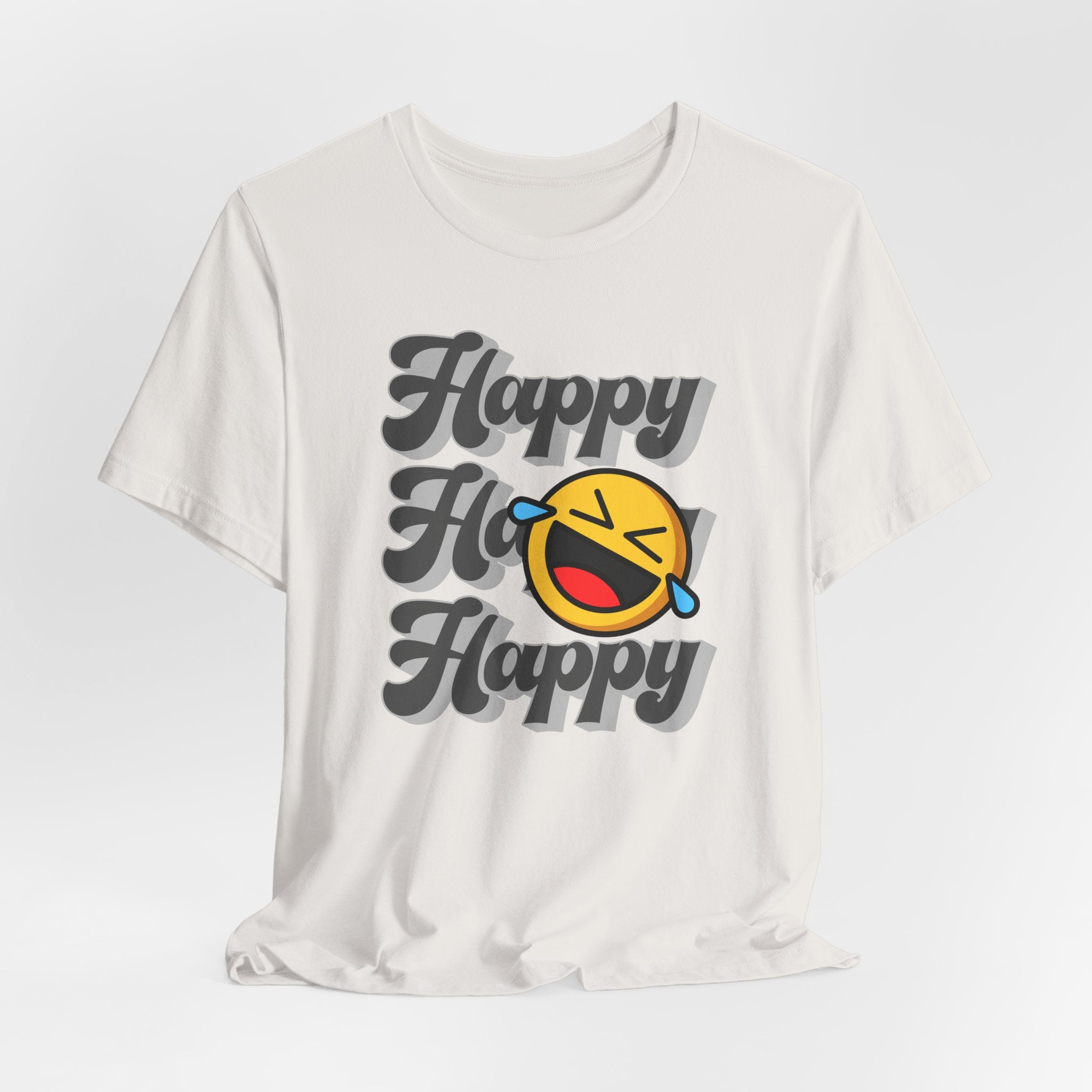 White t-shirt with 'Happy Ho Happy' text and emoji on a light gray background