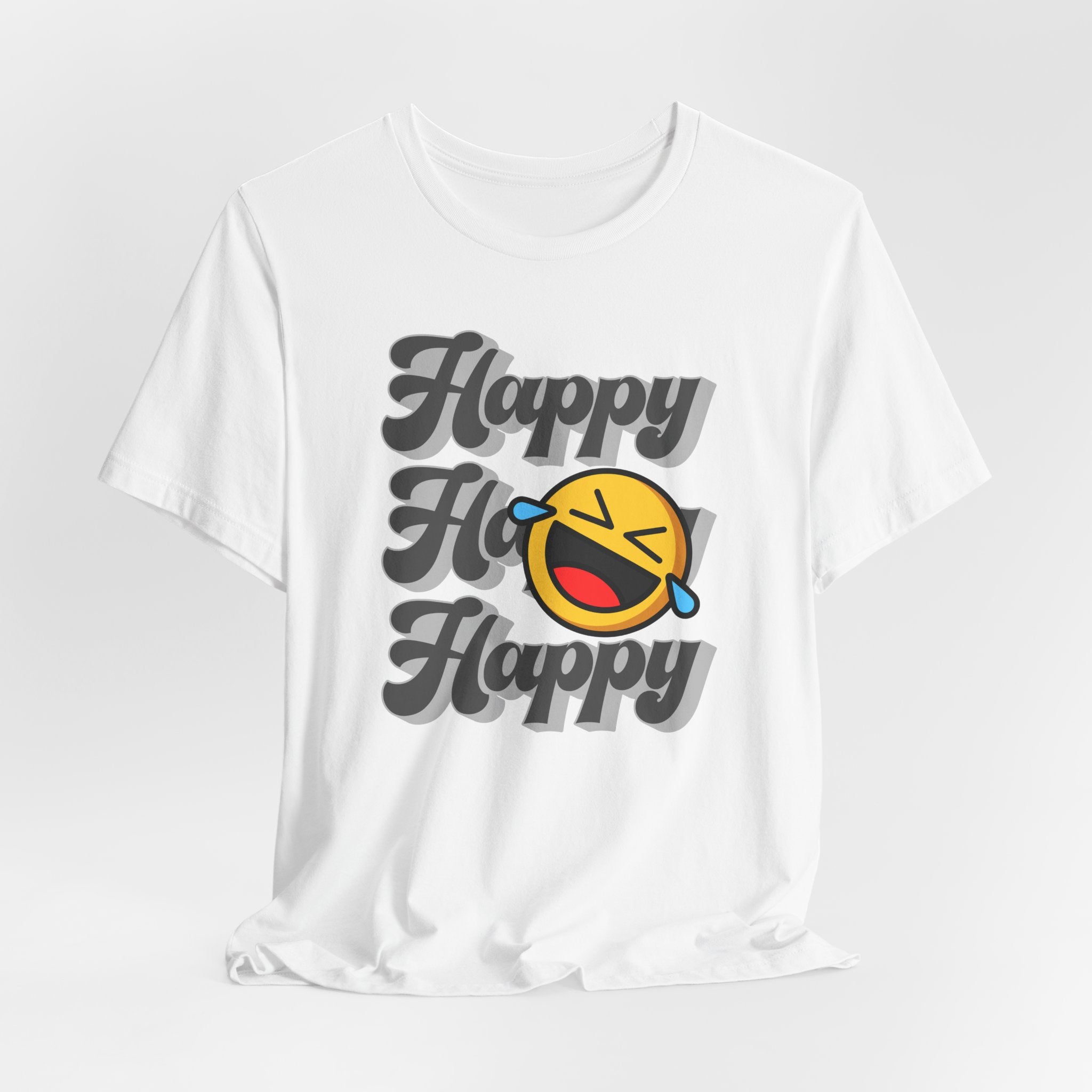 White t-shirt with 'Happy Ho Happy' text and emoji on a light gray background