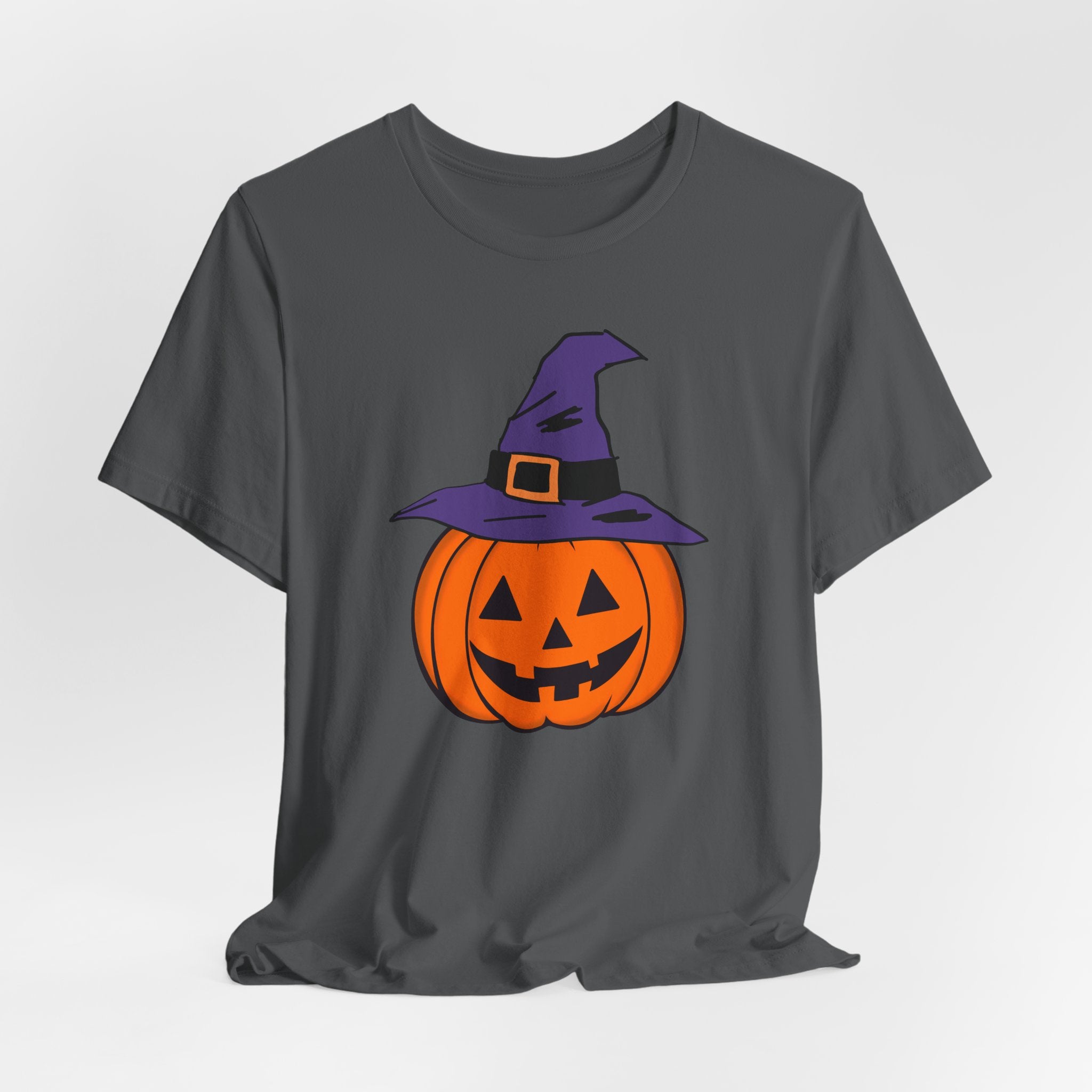 Asphalt gray t-shirt with a Halloween-themed pumpkin design on a white background