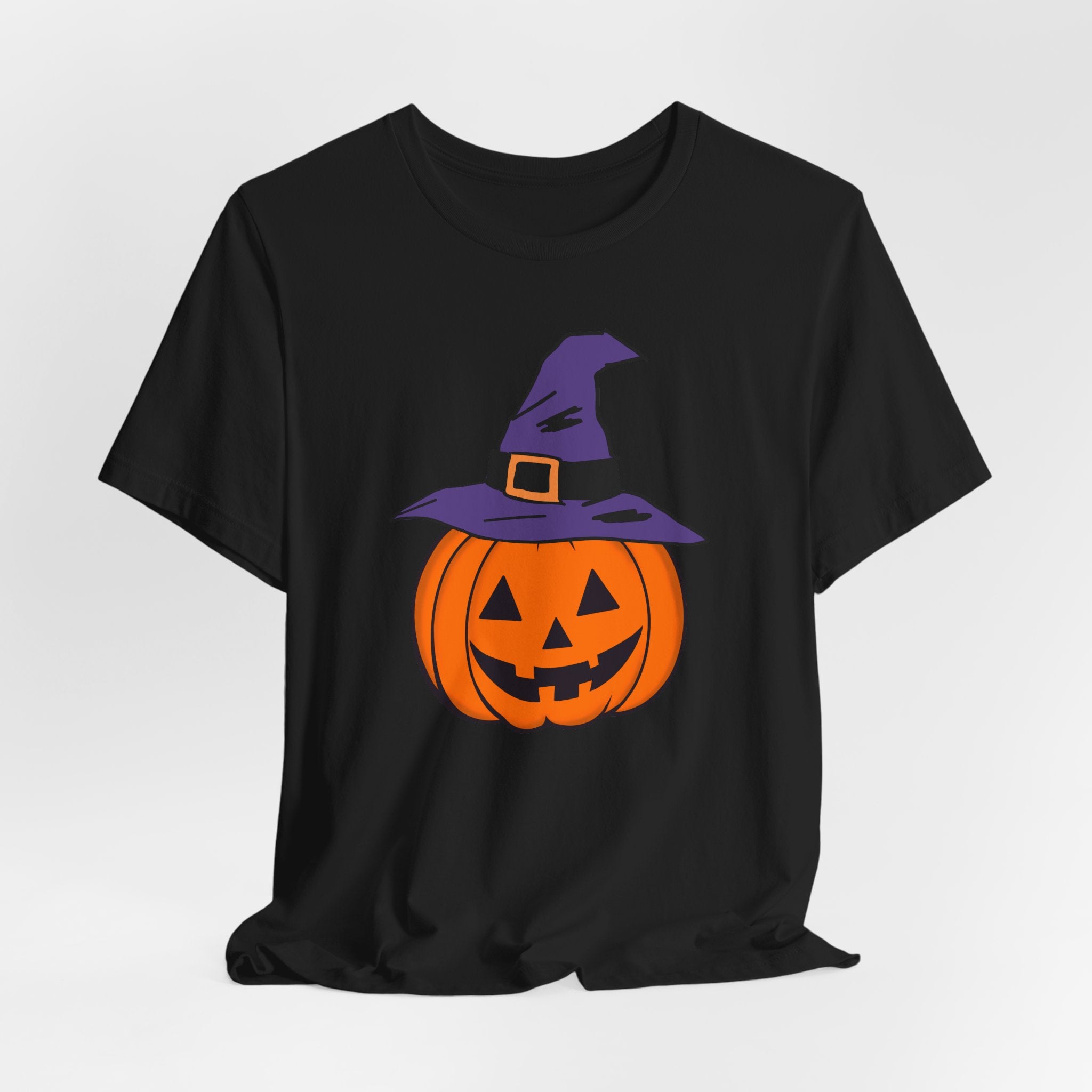 Black t-shirt with a Halloween pumpkin design featuring a purple witch hat on a white background