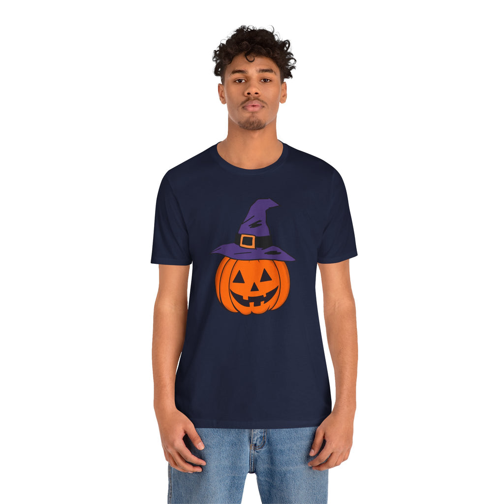 Person wearing a navy blue t-shirt with a Halloween-themed design on a white background