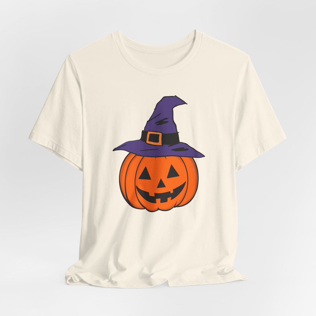 Natural beige t-shirt with a Halloween pumpkin graphic on a light gray background