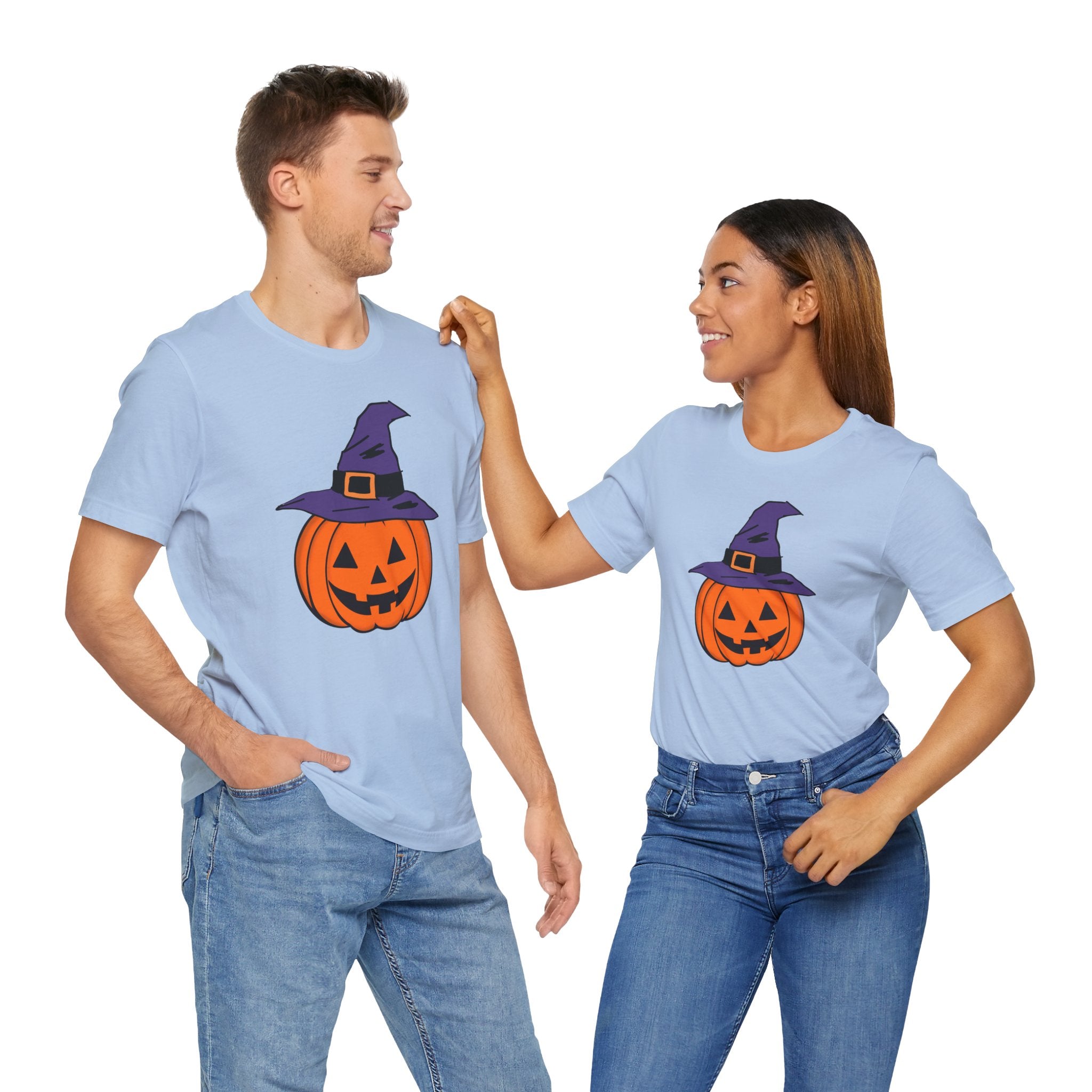 Two people wearing light blue t-shirts with Halloween-themed designs on a white background
