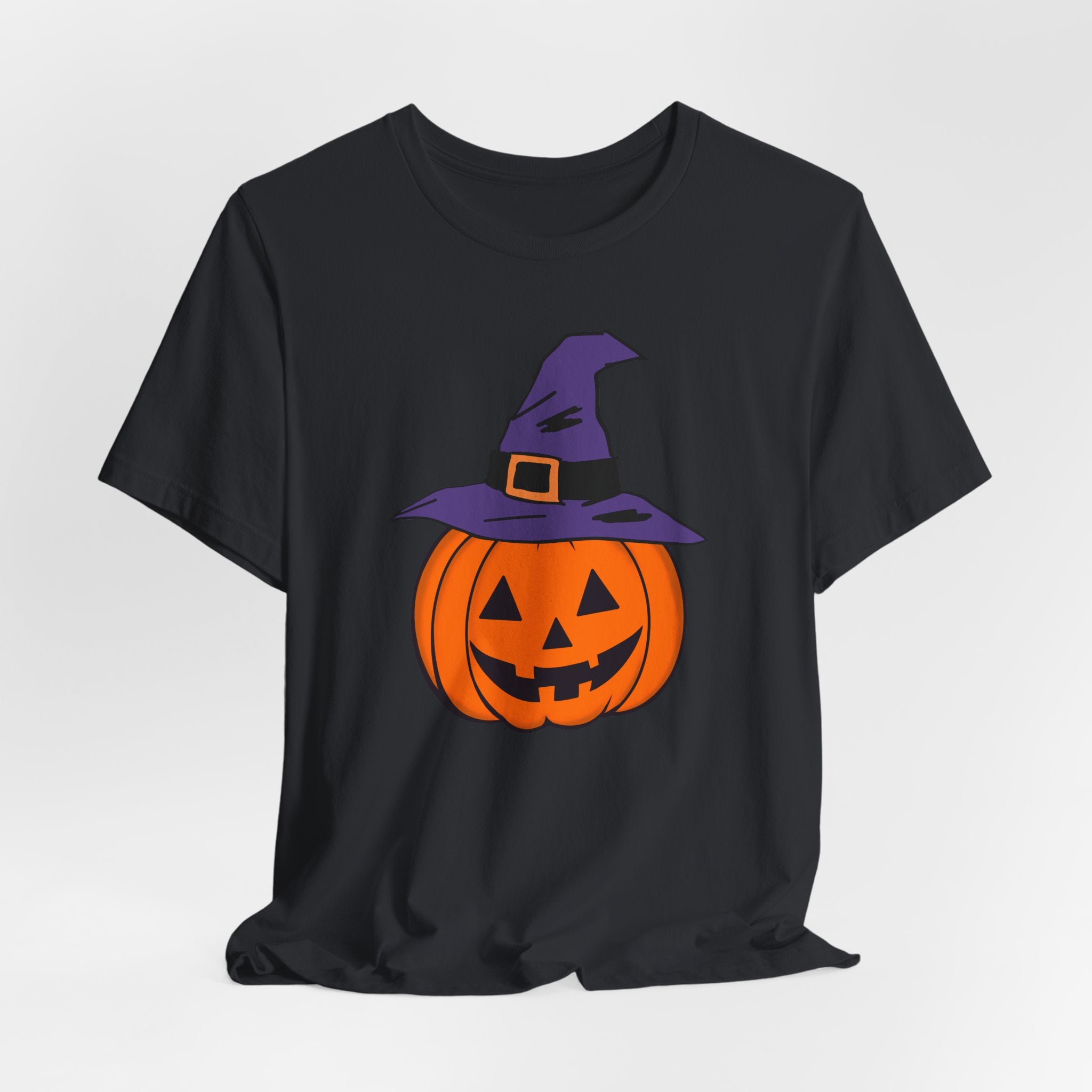 Vintage black t-shirt with a Halloween pumpkin design on a white background