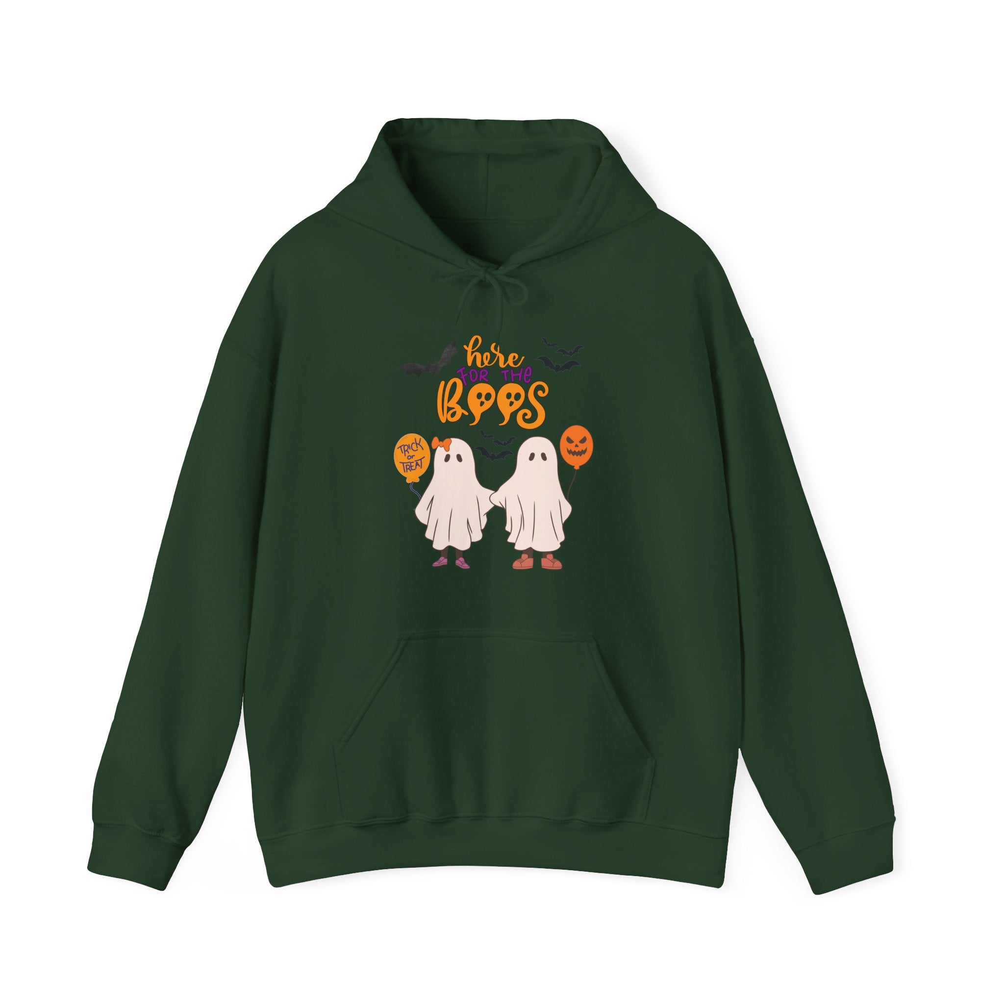 Forest green hoodie with Halloween-themed design featuring ghosts and pumpkins on a white background