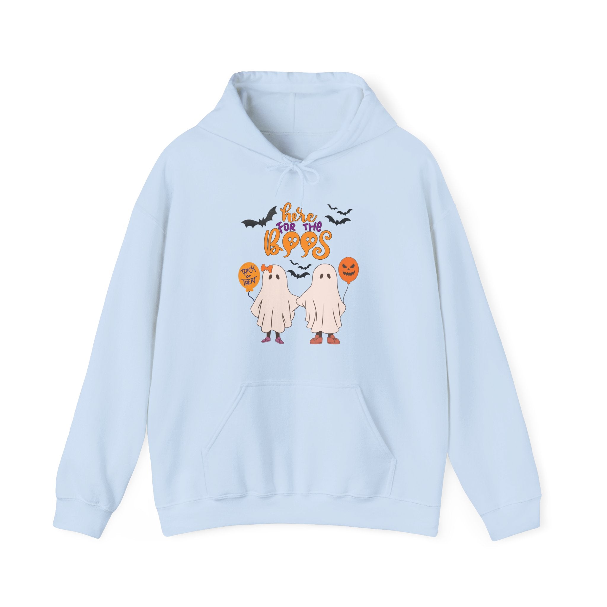 Light blue hoodie with Halloween-themed design featuring ghosts and pumpkins on a white background