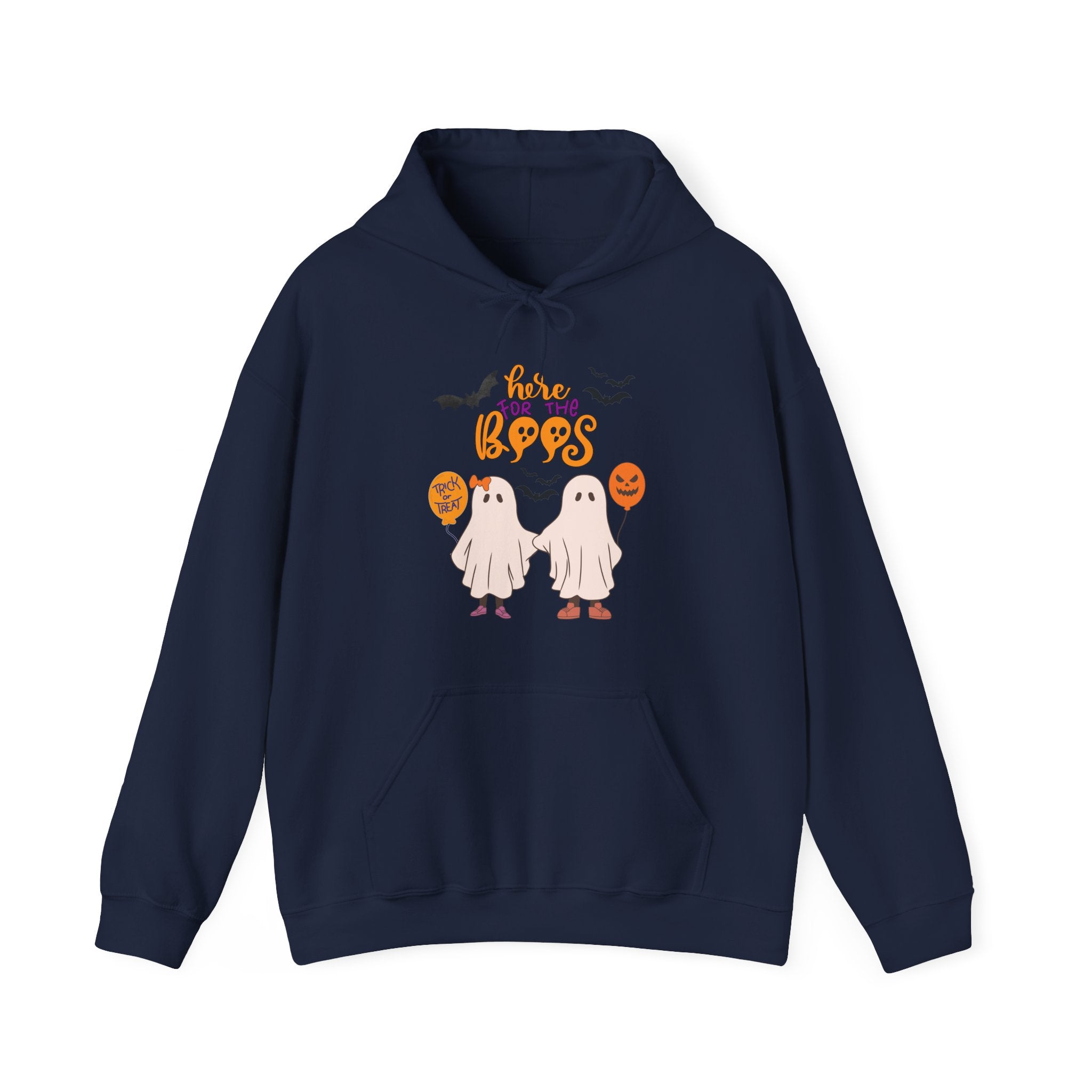 Navy blue hoodie with Halloween-themed design featuring ghosts and pumpkins on a white background.