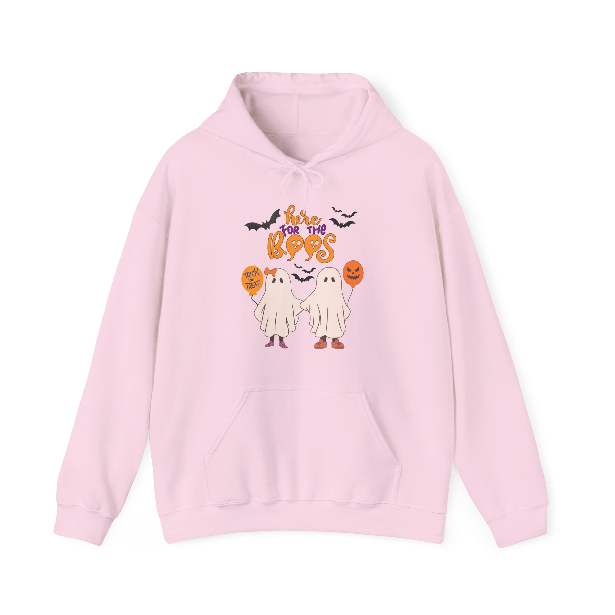 Pink hoodie with Halloween-themed design on a white background