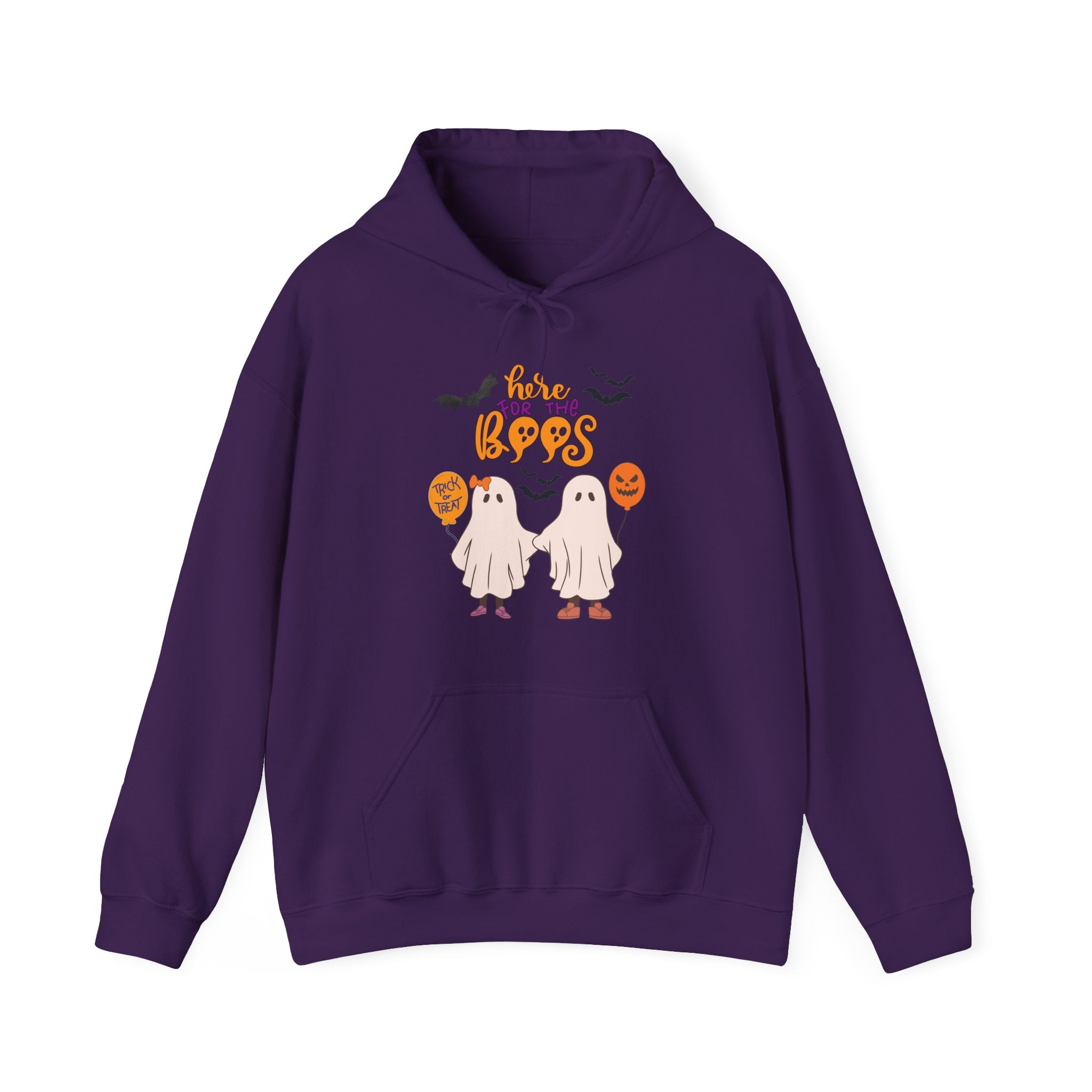 Purple hoodie with Halloween-themed design featuring ghosts and pumpkins on a white background