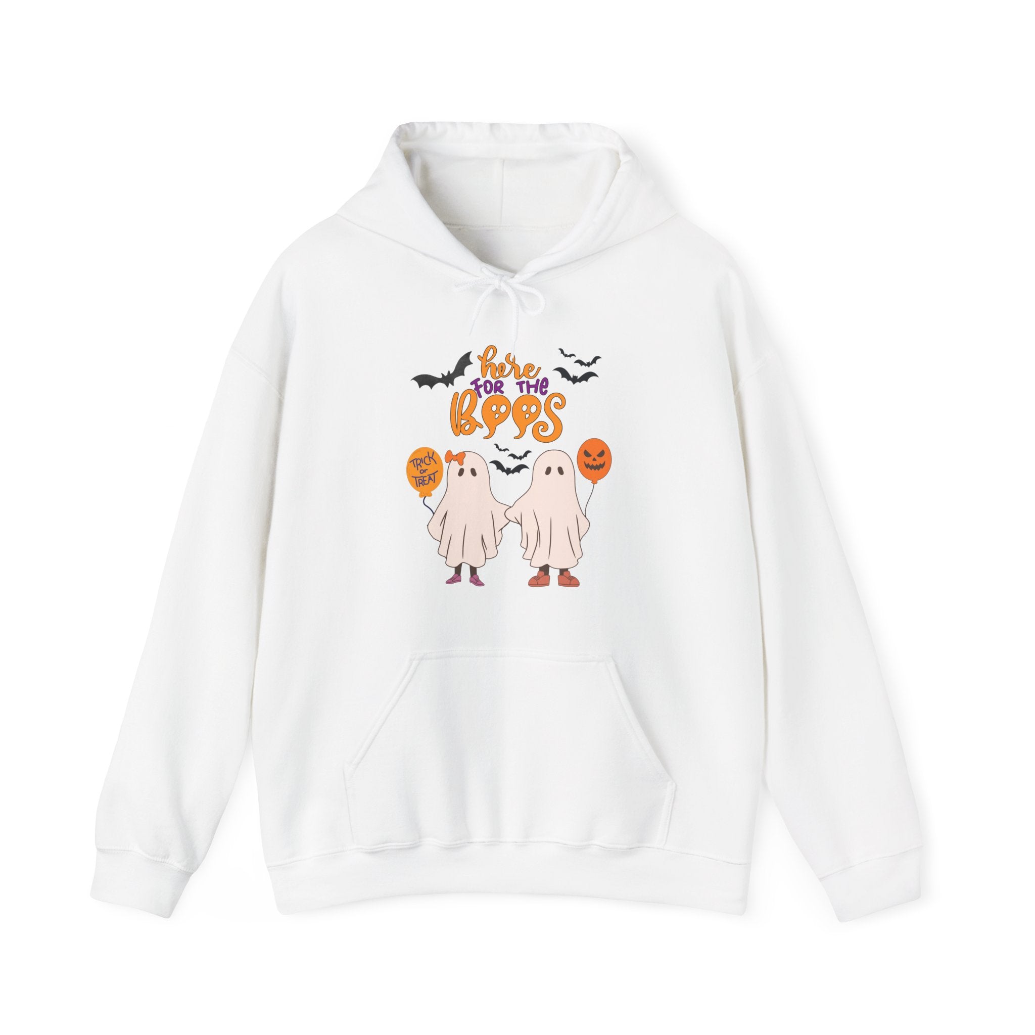 White hoodie with Halloween-themed design featuring ghosts and text on a white background