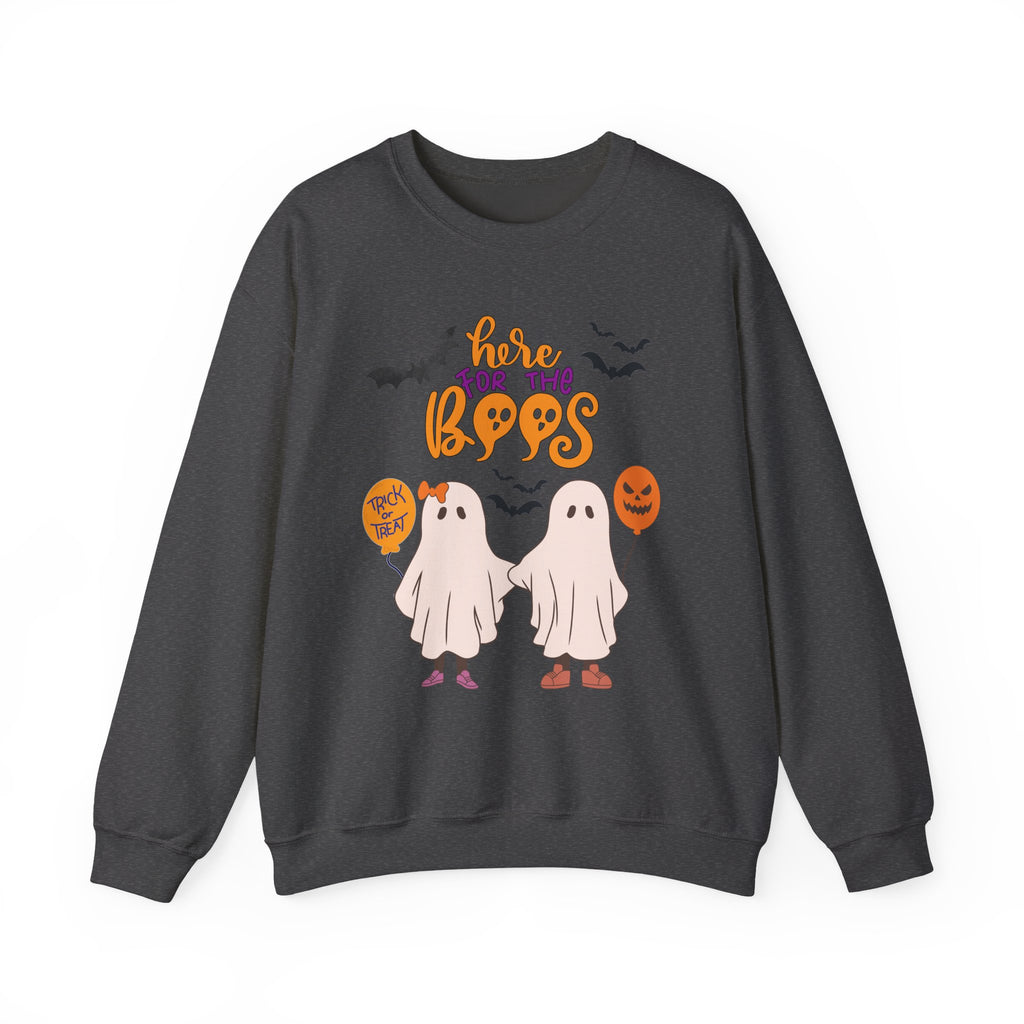 Dark heather gray sweatshirt with Halloween-themed graphics and text on a white background