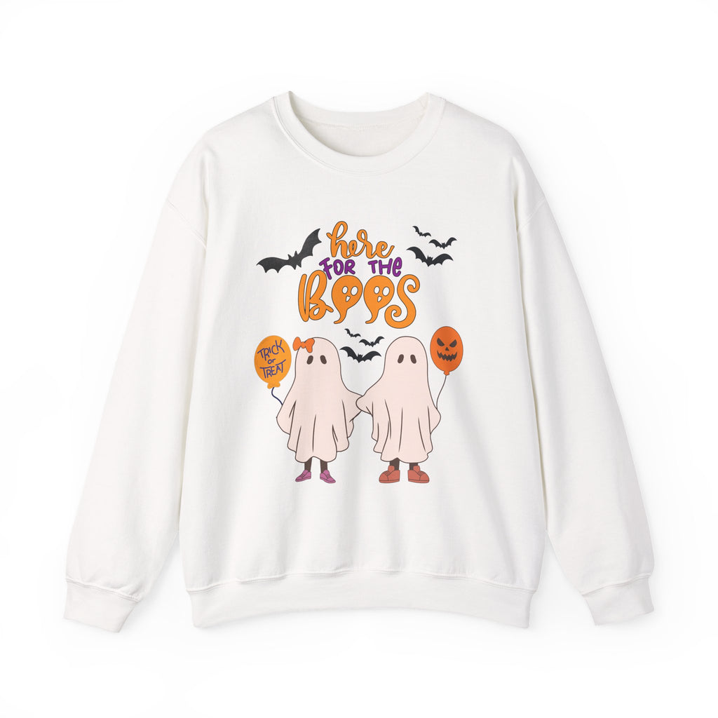 White sweatshirt with Halloween-themed graphics and text on a white background
