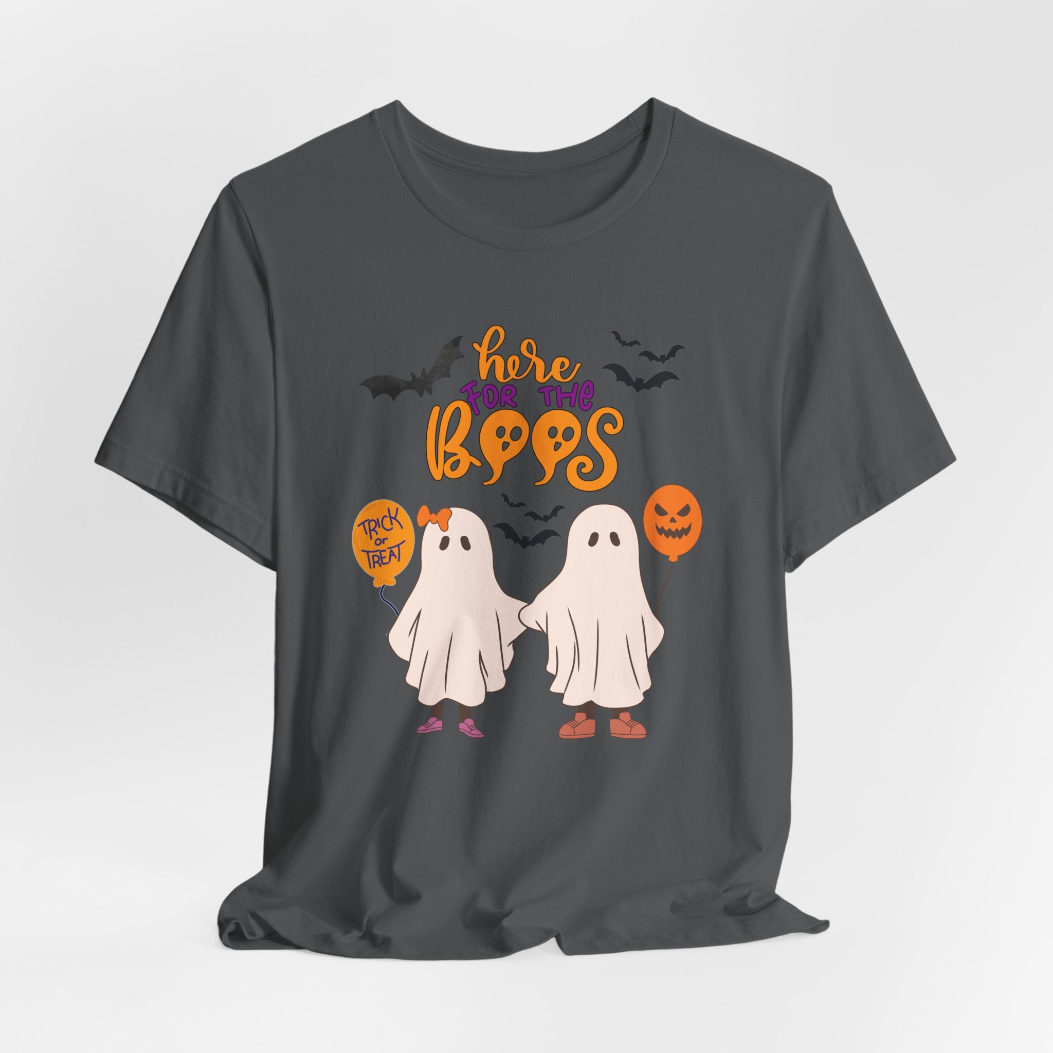 Asphalt gray t-shirt with Halloween-themed graphics and text on a white background