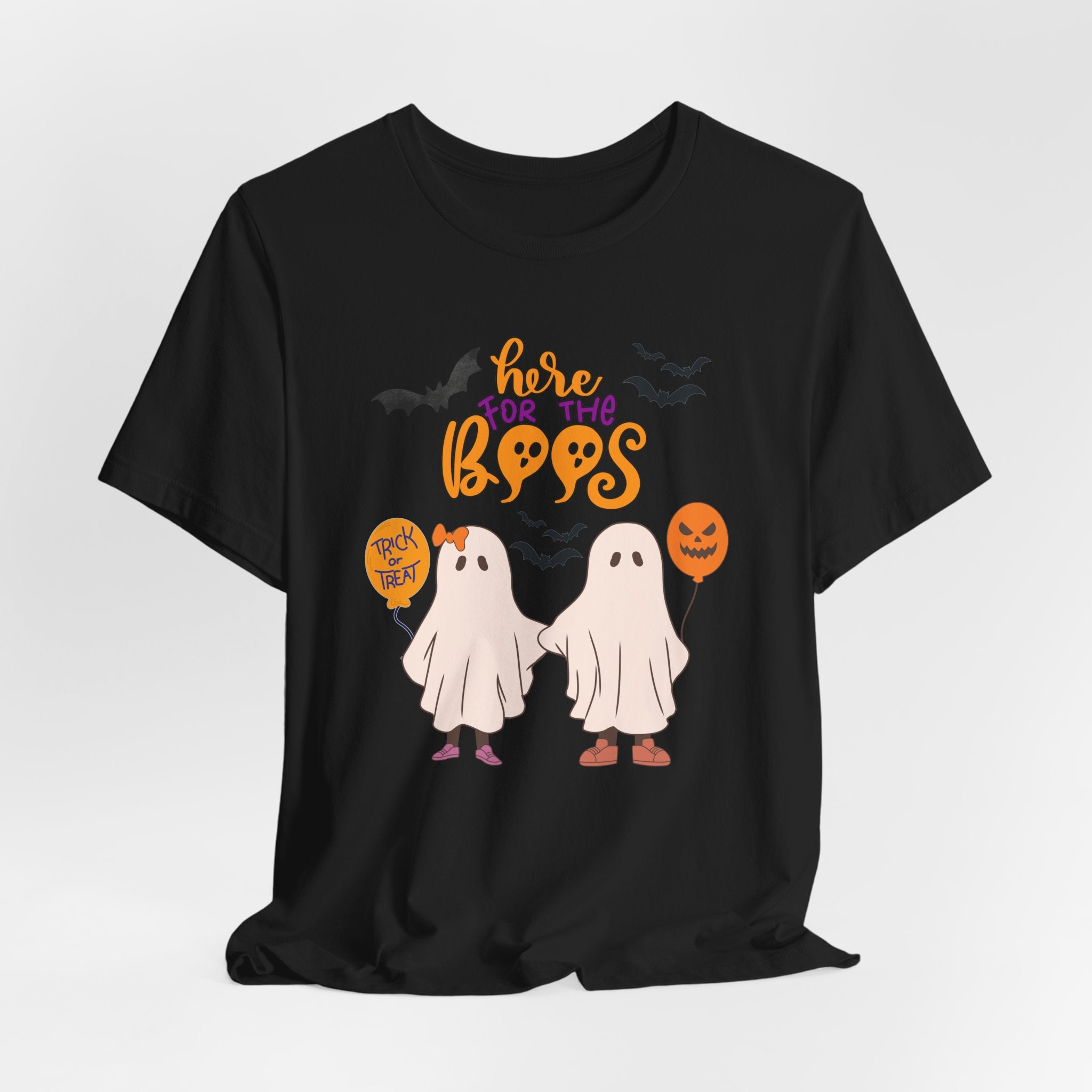 Black t-shirt with Halloween-themed design featuring ghosts and text on a white background