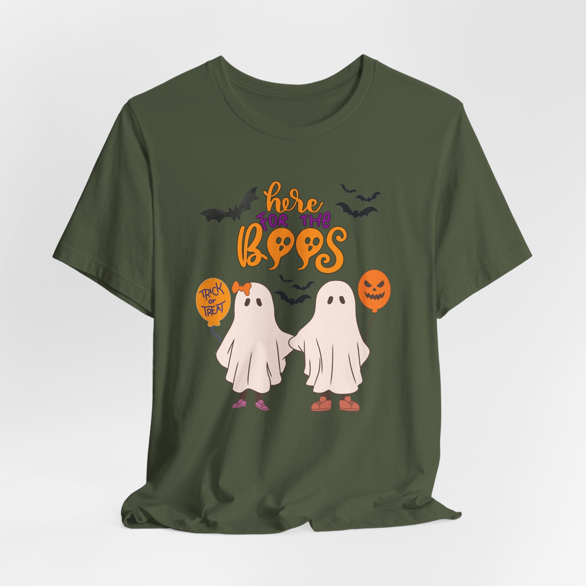 Military green t-shirt with Halloween-themed graphics and text on a white background